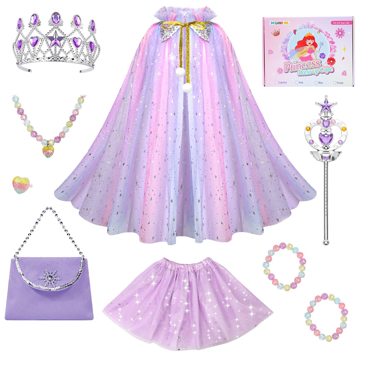 Meland Princess Dress Up for Girls 3-8, Cape with Crown & Tutu, Birthday Gift for Toddler Girls, Pretend Play Toys for Kids