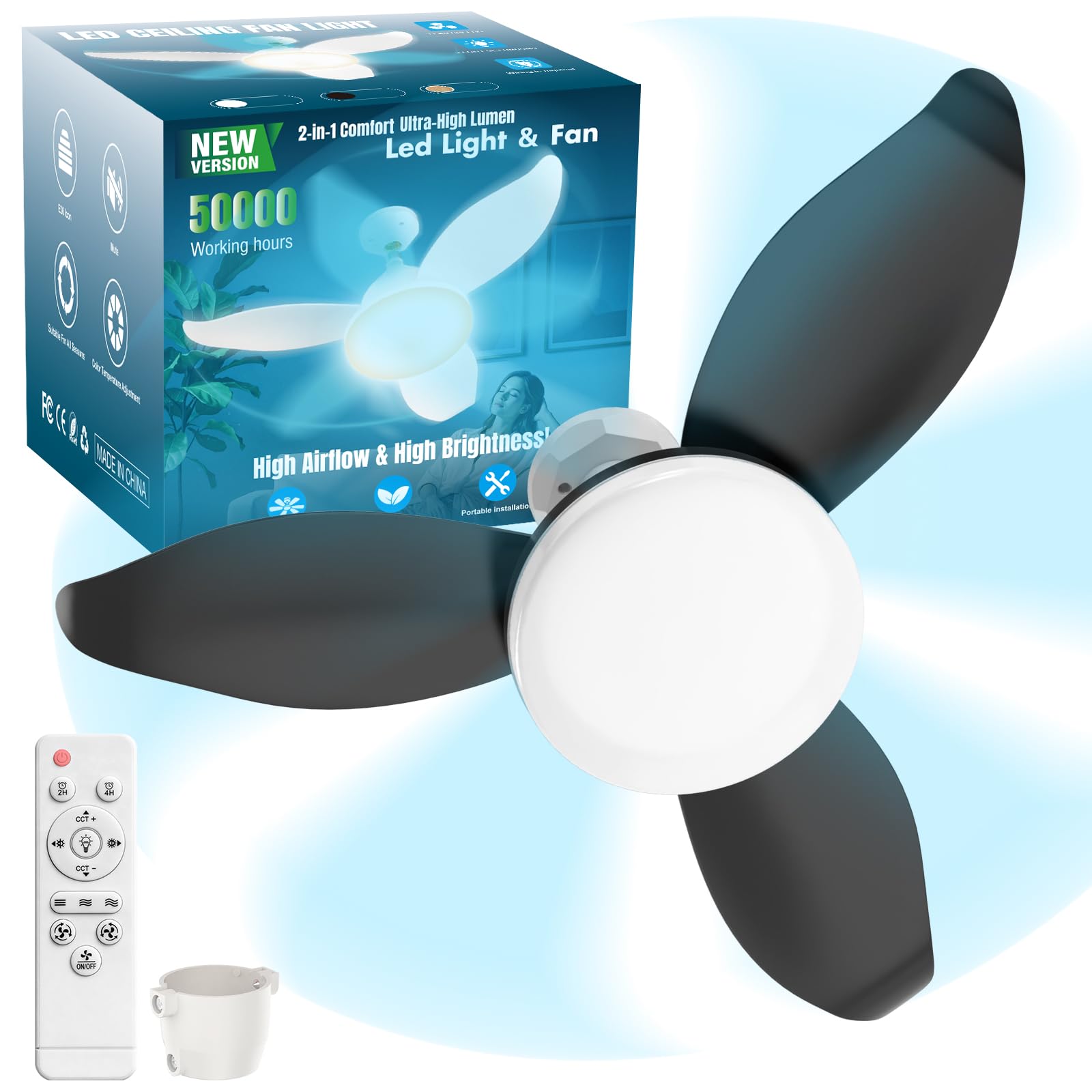 25" Socket Fan Light with Remote, E26/E27 Flower Shape Light Bulb Fan with Reversible Motor, 3000 Lumens Small Ceiling Fans with Lights, Dimmable 3000K-6500K for Bedroom Kitchen Hallway Garage