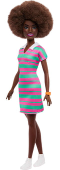 Barbie Fashionistas Doll #247 with Curly Black Hair, Pink and Green Striped Collared Dress with Accessories Like Orange Watch and White Sneakers