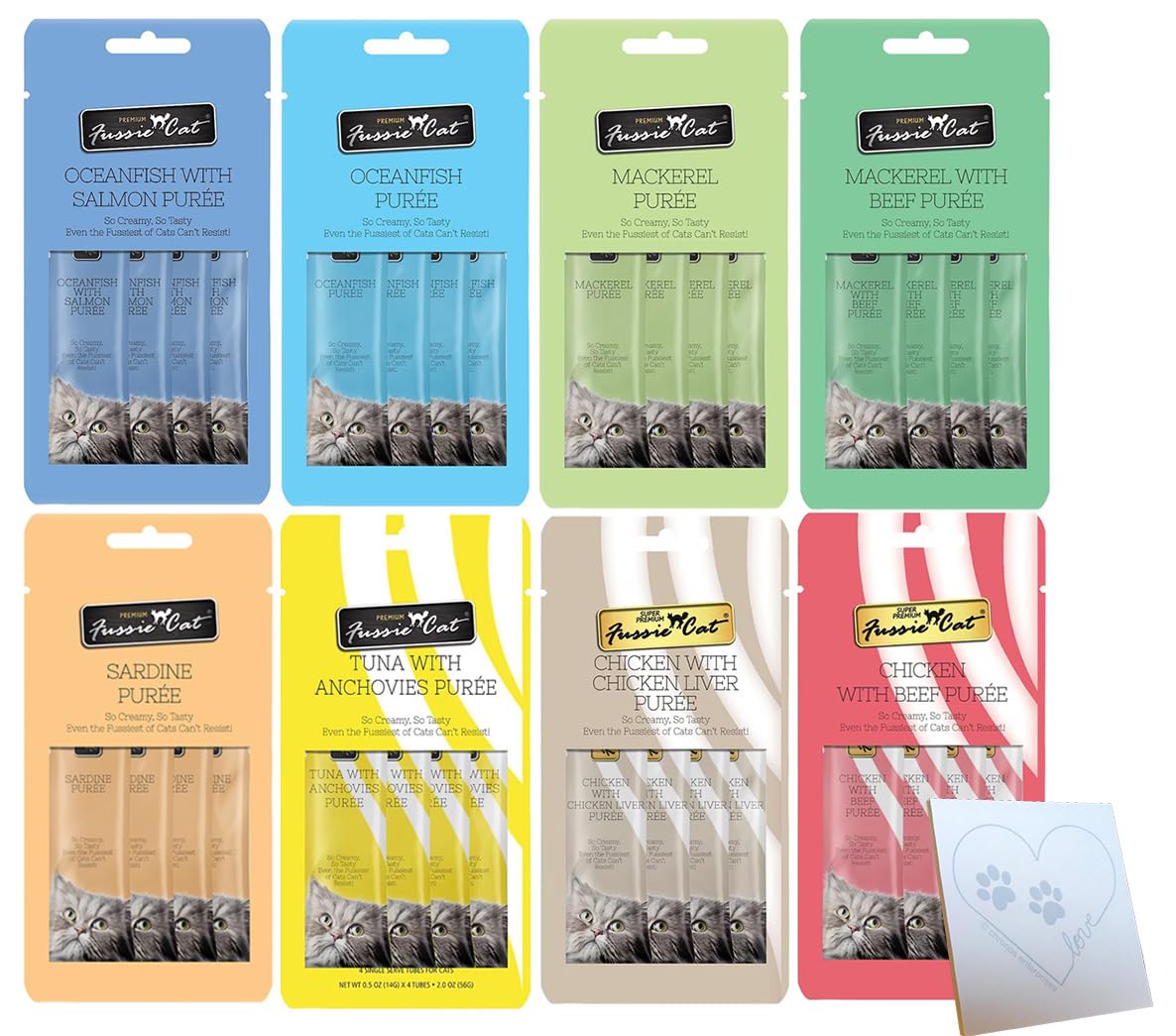 Variety Pack for Fussie-Cat-Puree Lickable Cat Treats 8 Flavors: Oceanfish & Salmon, Mackerel, Oceanfish, Mackerel & Beef, Sardine, Tuna, Chicken & Liver, Chicken & Beef (0.5-oz/Tube, 32 Tubes Total)