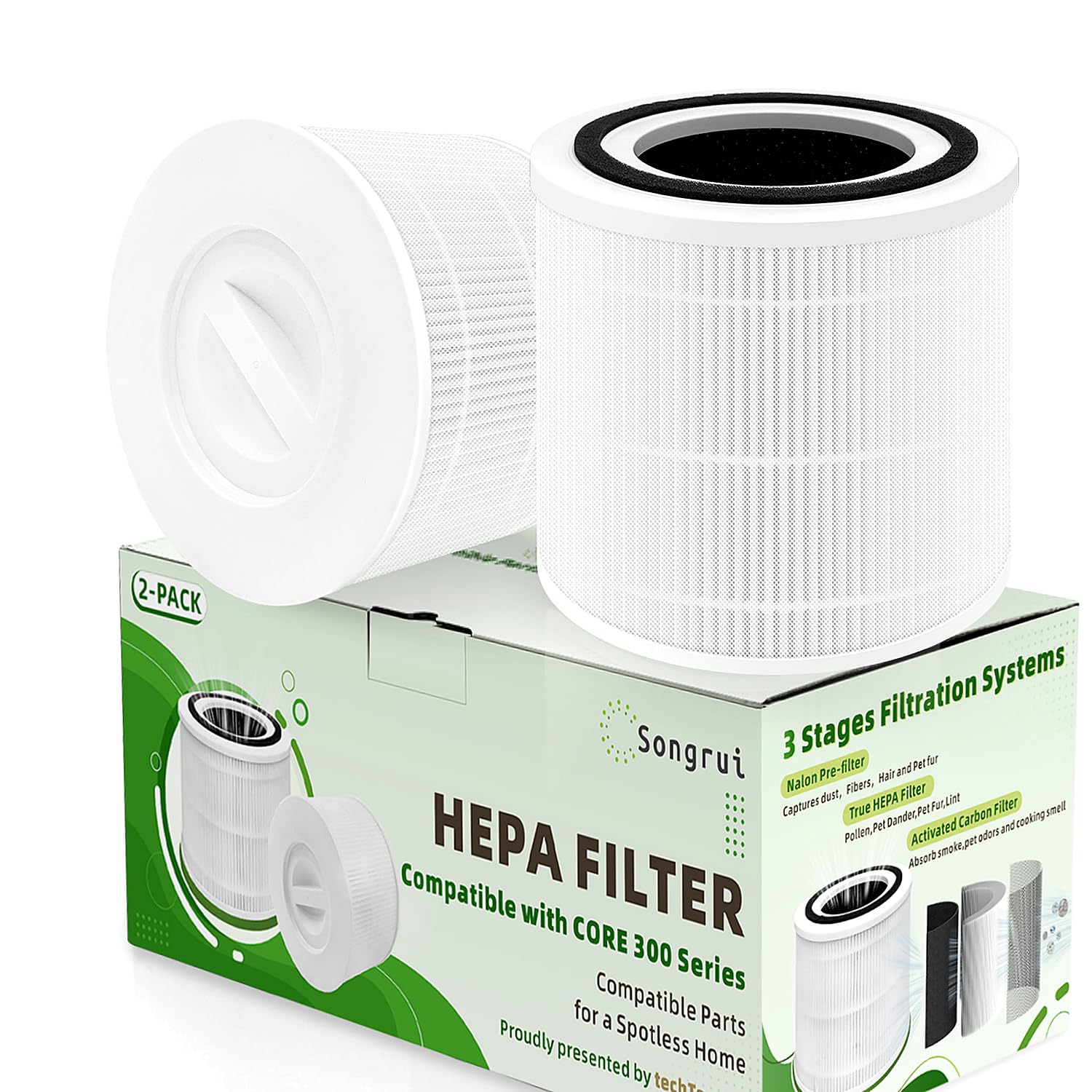 SONGRUI Core 300 Replacement Filter for LEVOIT Core 300 and 300S Air Purifiers, 2 Pack, 3-in-1 HEPA Grade Air Purifier Filter