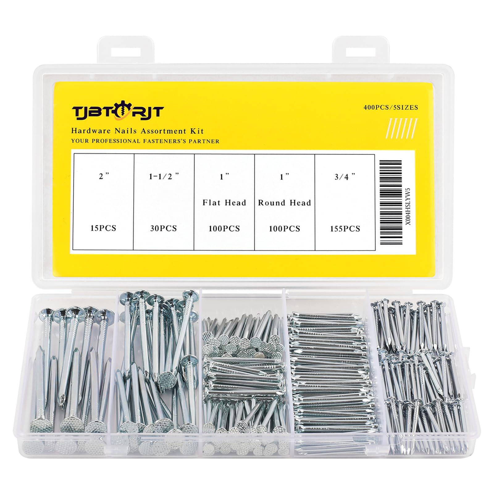 TJBORJT 400pcs Hardware Nails for Hanging Pictures,Up to 2 inch long, Finishing Nails Assortment Kit for Wall Art Decor, Small Nails for home use,5 sizes Picture Hanging Nails, Wall Nails,Wood Nails