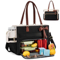 LOVEVOOK Lunch Bag, Tote Bag for Women with Insulated Lunch Compartment, Laptop Bag with Large Capacity & Cup Holder, Work Tote for Teacher, Nurse, Travel, College, Daily, Black-Beige-Brown, 15.6 Inch