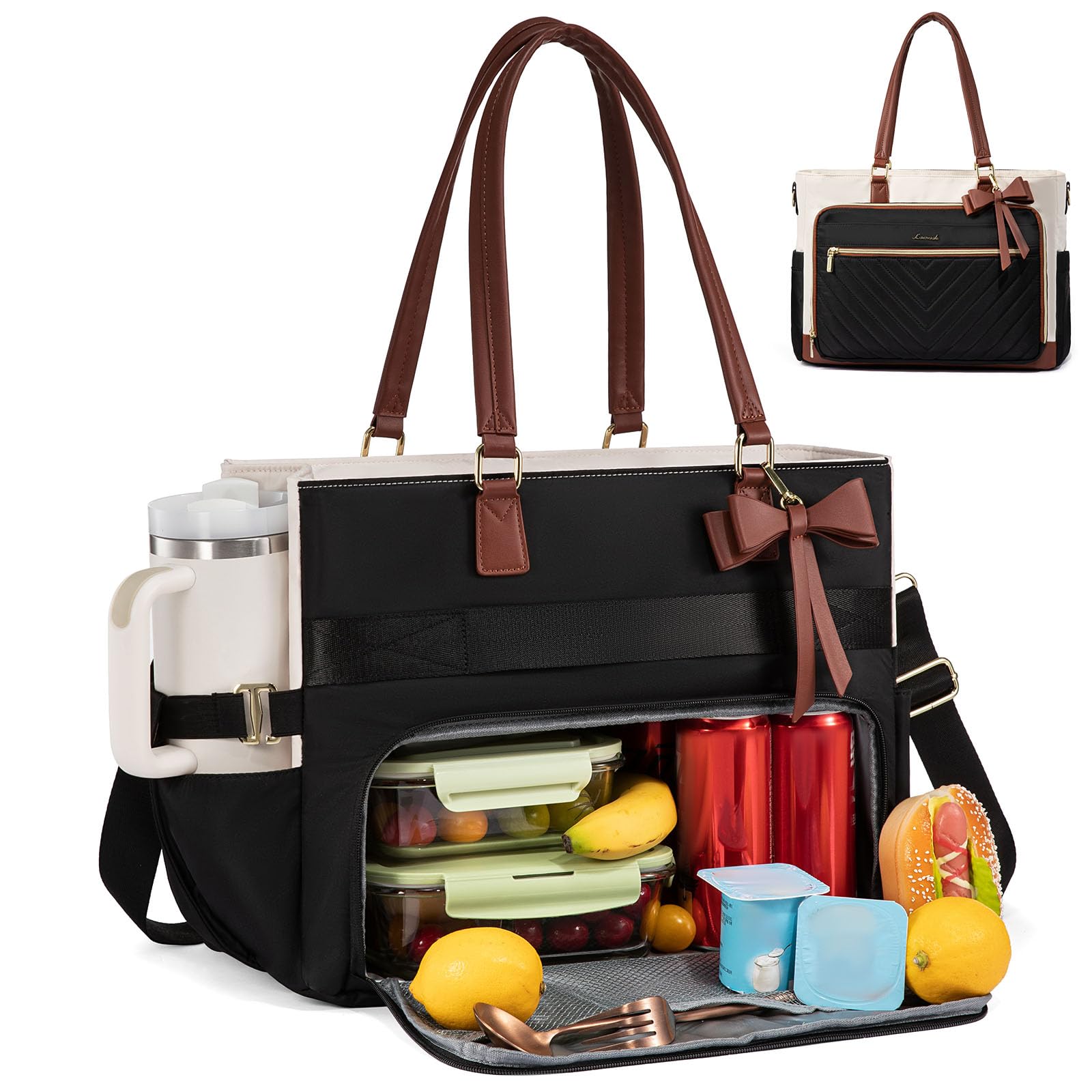 LOVEVOOK Lunch Bag, Tote Bag for Women with Insulated Lunch Compartment, Laptop Bag with Large Capacity & Cup Holder, Work Tote for Teacher, Nurse, Travel, College, Daily, Black-Beige-Brown, 15.6 Inch