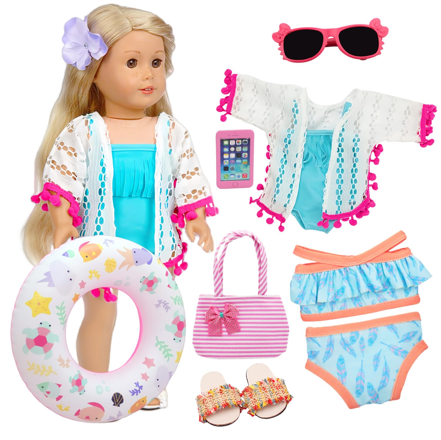 18 Inch American Doll Accessories, Fashion Doll Swimming Play Sets for American 18 Inch Girl Including Clothes Swimsuit Sunglasses Phone Shoes