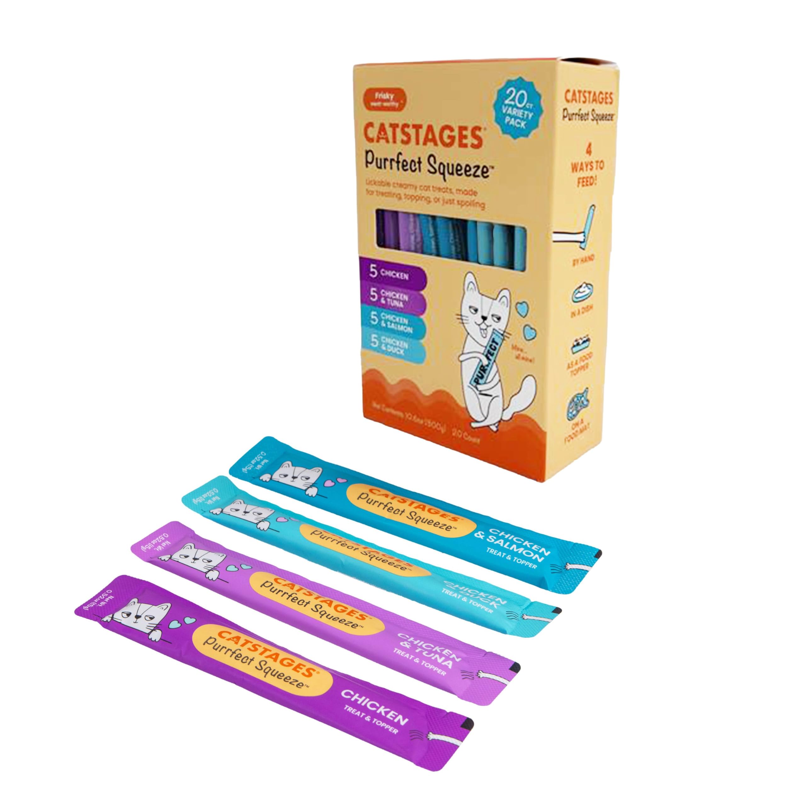 Catstages Purrfect Squeeze Lickable Wet Cat Treats, Creamy Purée Treat & Topper, Made with Real Chicken, Clean Ingredients, No Artificial Preservatives, 0.5 oz Tubes, 20-Count, 4-Flavor Variety Pack