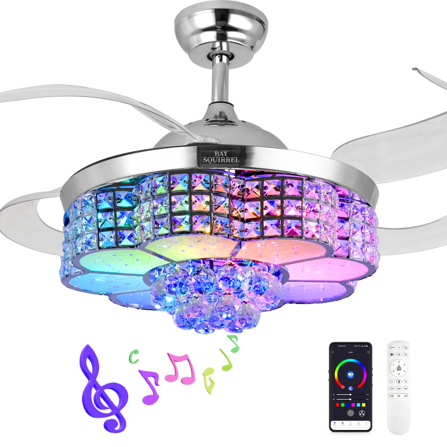 BAYSQUIRREL Retractable Ceiling Fan with Light and Remote/APP Control, Bluetooth Ceiling Fans with Speaker, RGB-LED Light 6 Speeds Reversible Blades,Chandelier Crystal Ceiling Fan with Lights