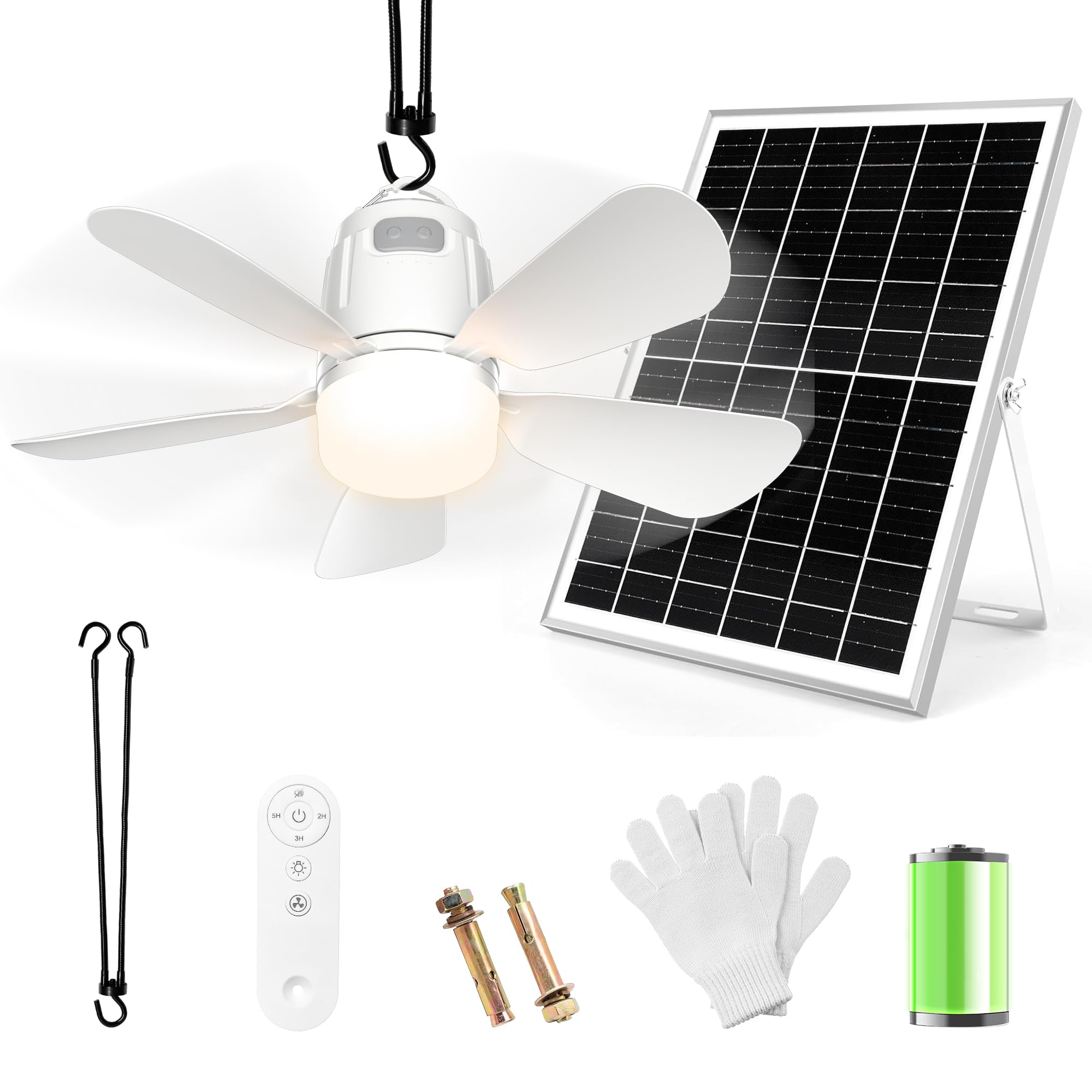 Gliztech Solar Ceiling Fan Light, 20000mAh Portable Gazebo fan with 30W Solar Powered Fan with Remote Control, Outdoor Ceiling Fan with Light for Patios, Canopy, Shed, RV, Porch and Chicken Coop
