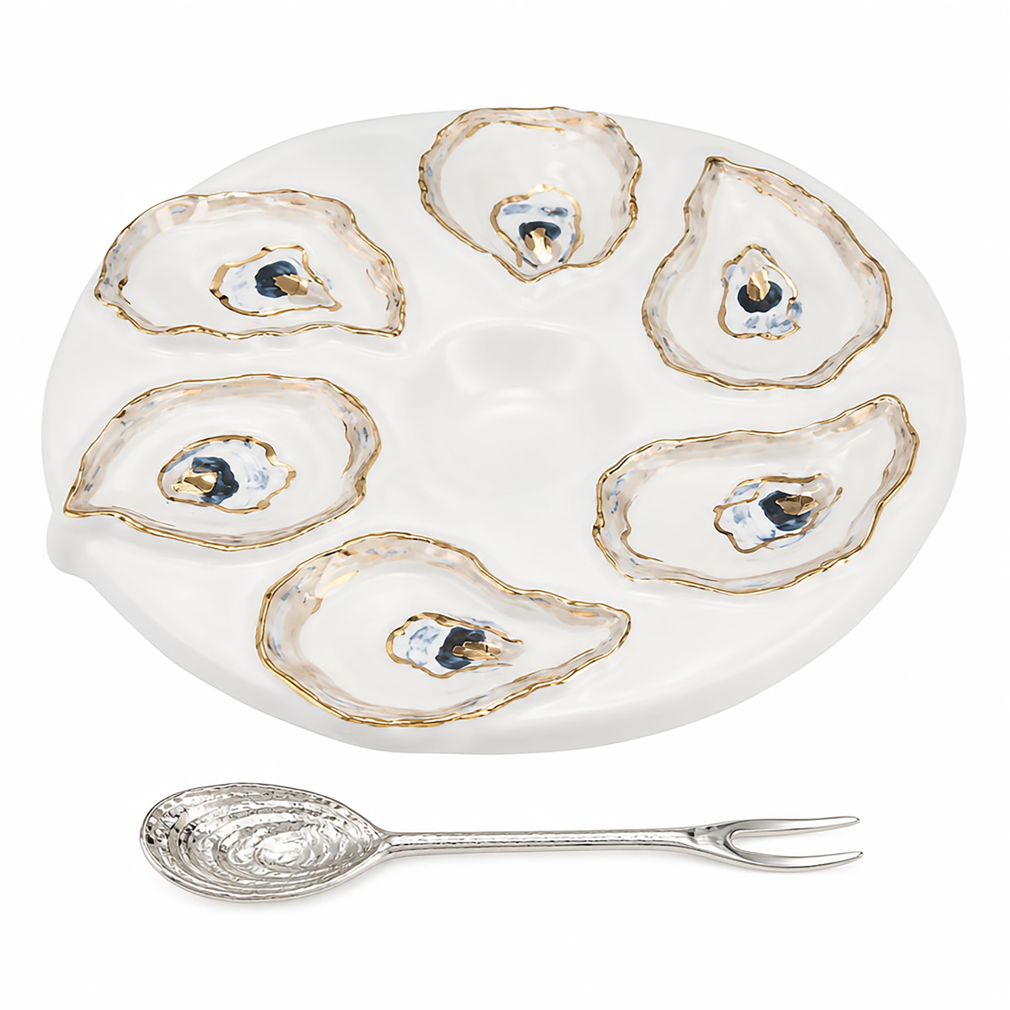 Mud Pie Oyster Server Set; server 10 1/2" dia | spoon 5 1/2"