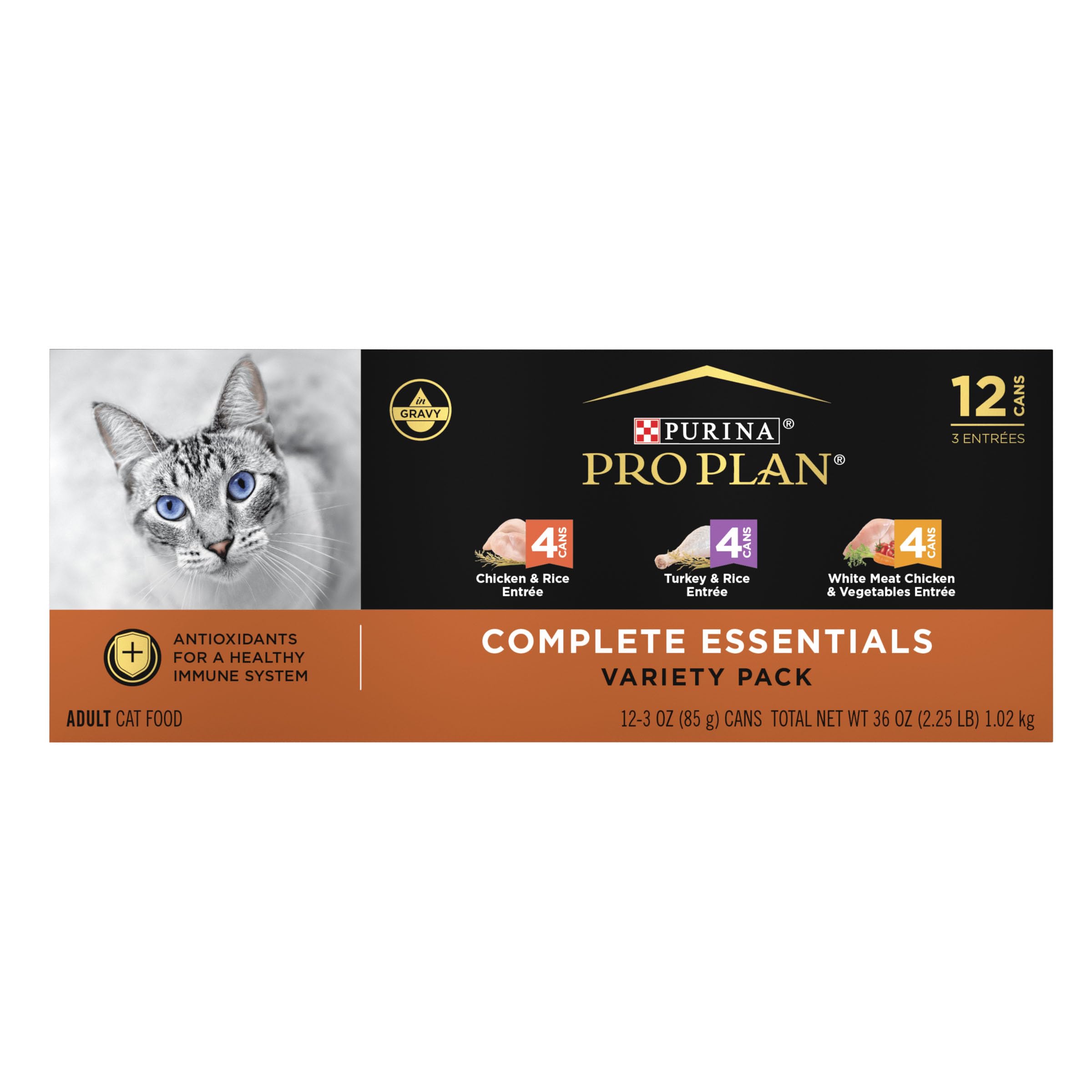 Purina Pro Plan Gravy, High Protein Wet Cat Food Variety Pack, Complete Essentials Chicken and Turkey Favorites - (2 Packs of 12) 3 oz. Cans