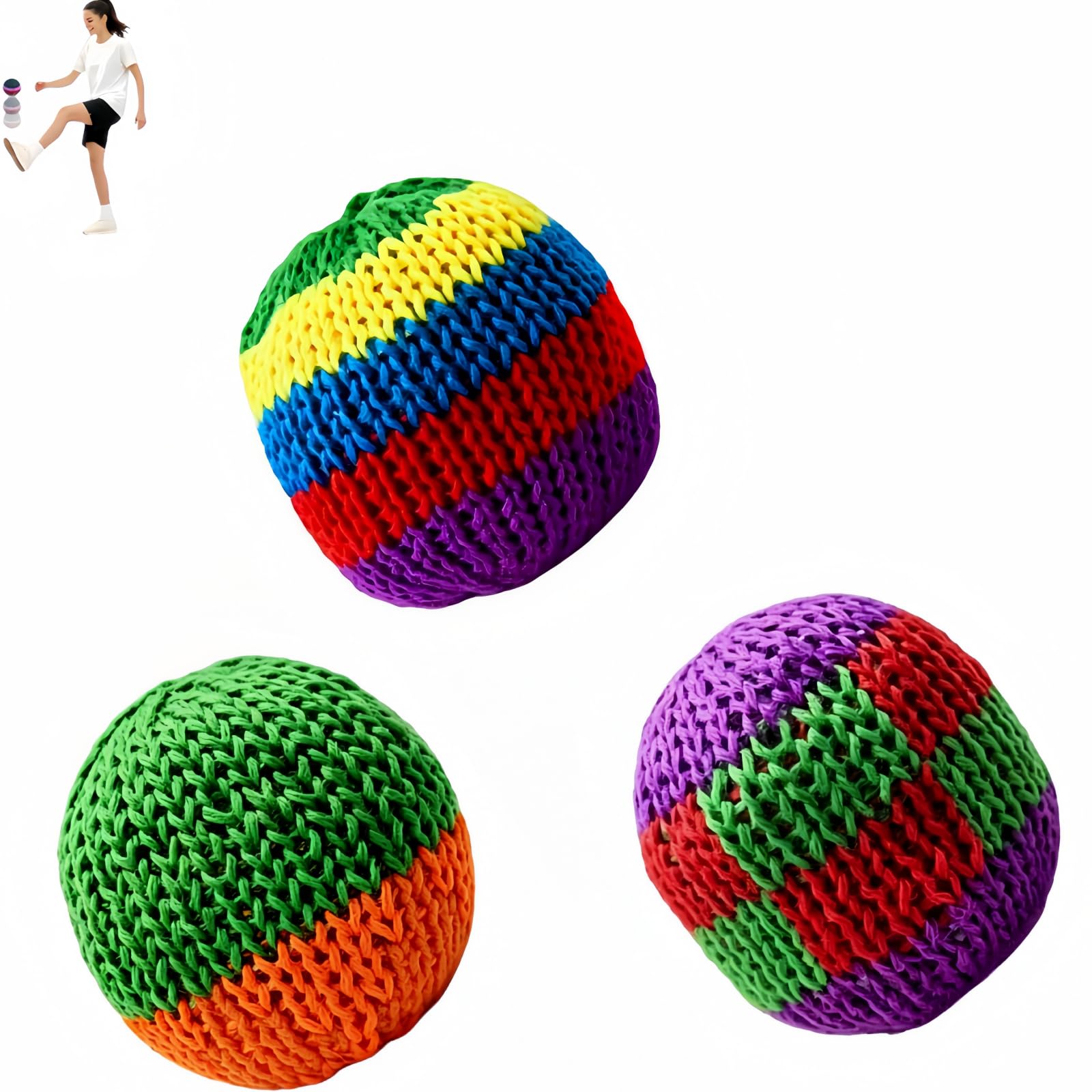 3PCS Hand-Made Knitted Footbags Set - Colorful Crochet Foot Bag Kick Balls for Adults and Beginners, Small Kick Sack for Juggling Practice, Indoor Outdoor Games, Party Favors and Group Play