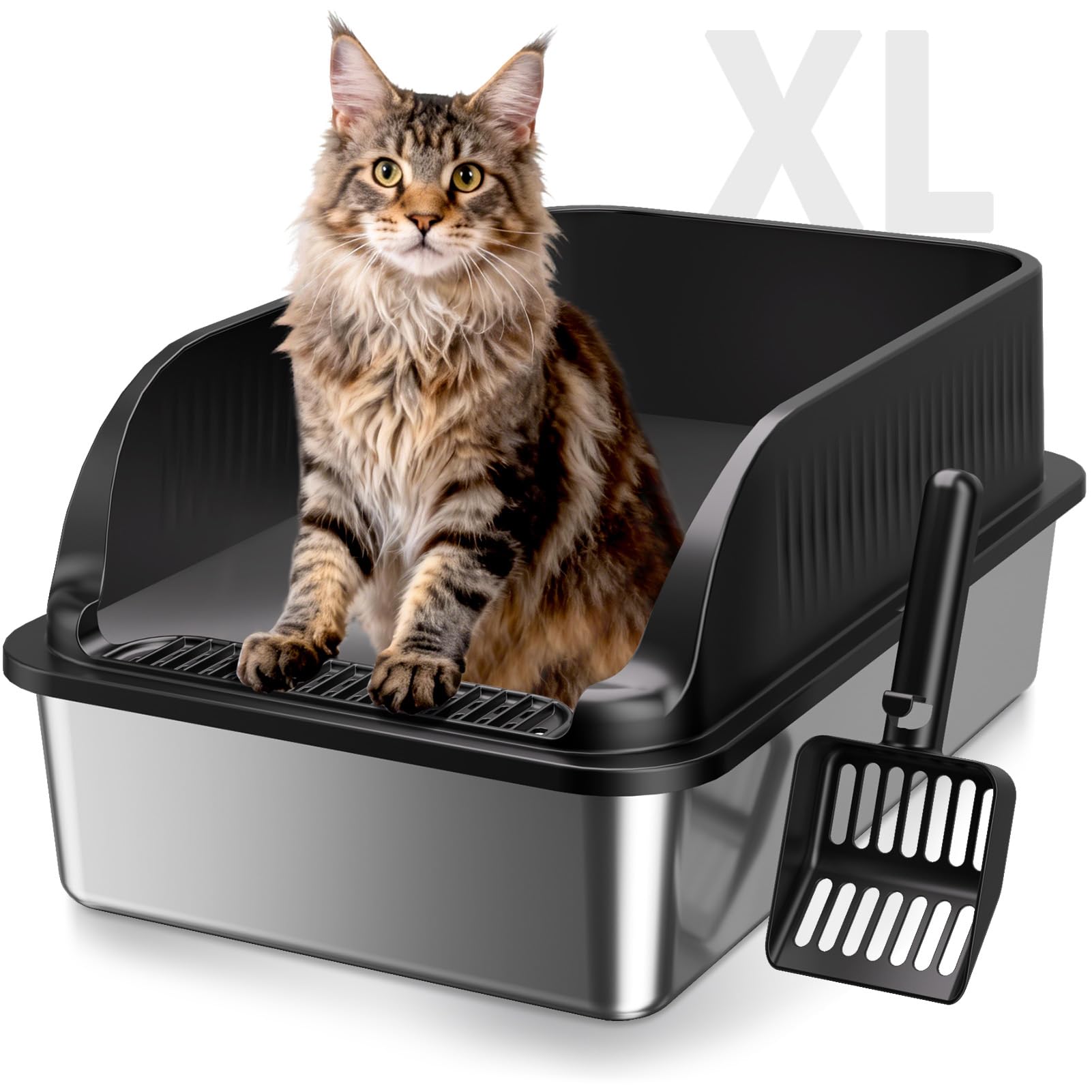 Stainless Steel Litter Box, XL Metal Litter Box for Big Cat, High Sided Extra Large Cat Litterbox, Anti-Urine Leakage, No Odors, Easy Cleaning, Non-Stick, Include Scoop