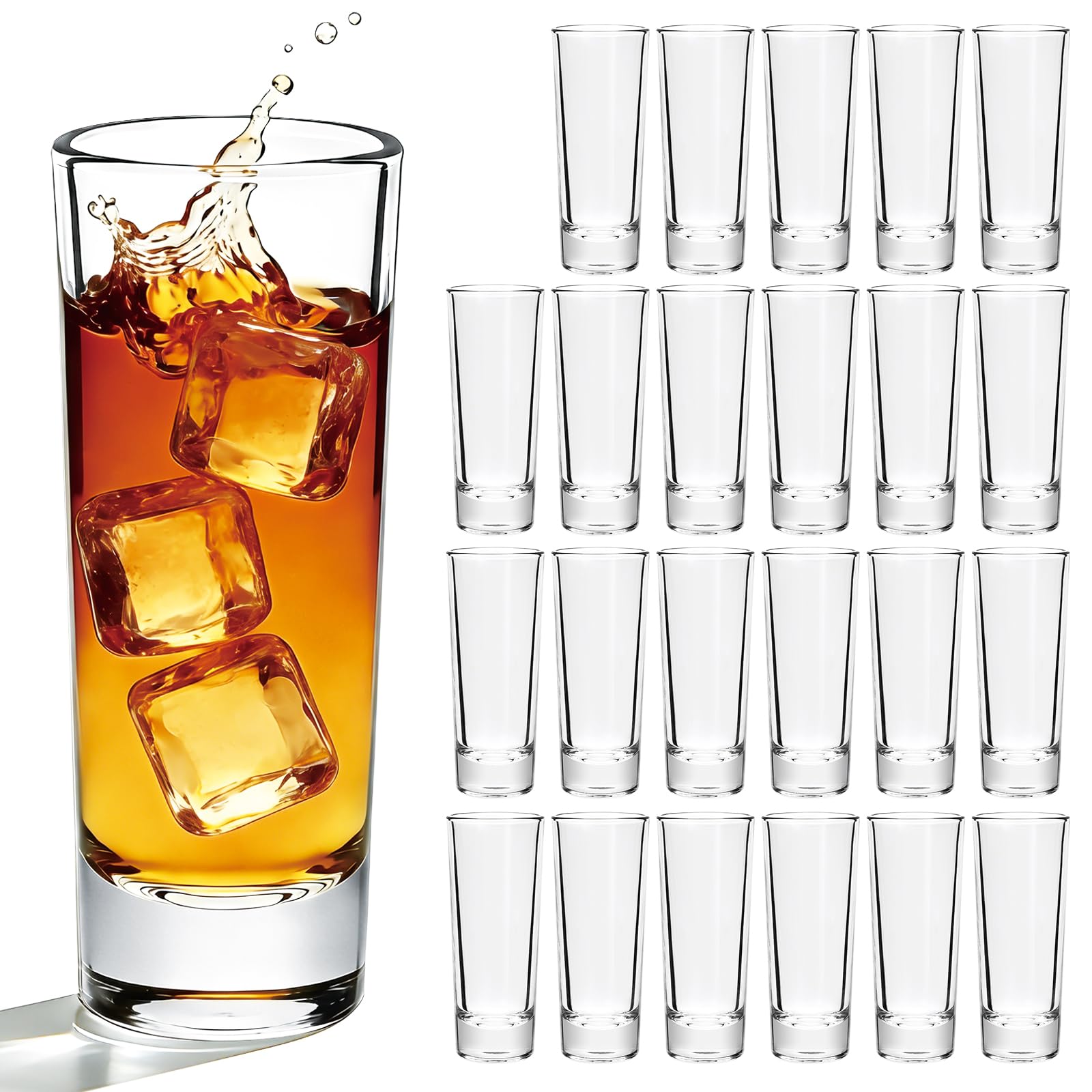Flrolove 24 Pack Heavy Base Shot Glasses Bulk - 2 oz Cylinder Tall Shot Glasses Set for Tequila, Whiskey, Vodka, Spirits & Liquors - Glass Shot Glasses for Party, Bar, Wedding, Christmas - Ideal Gift