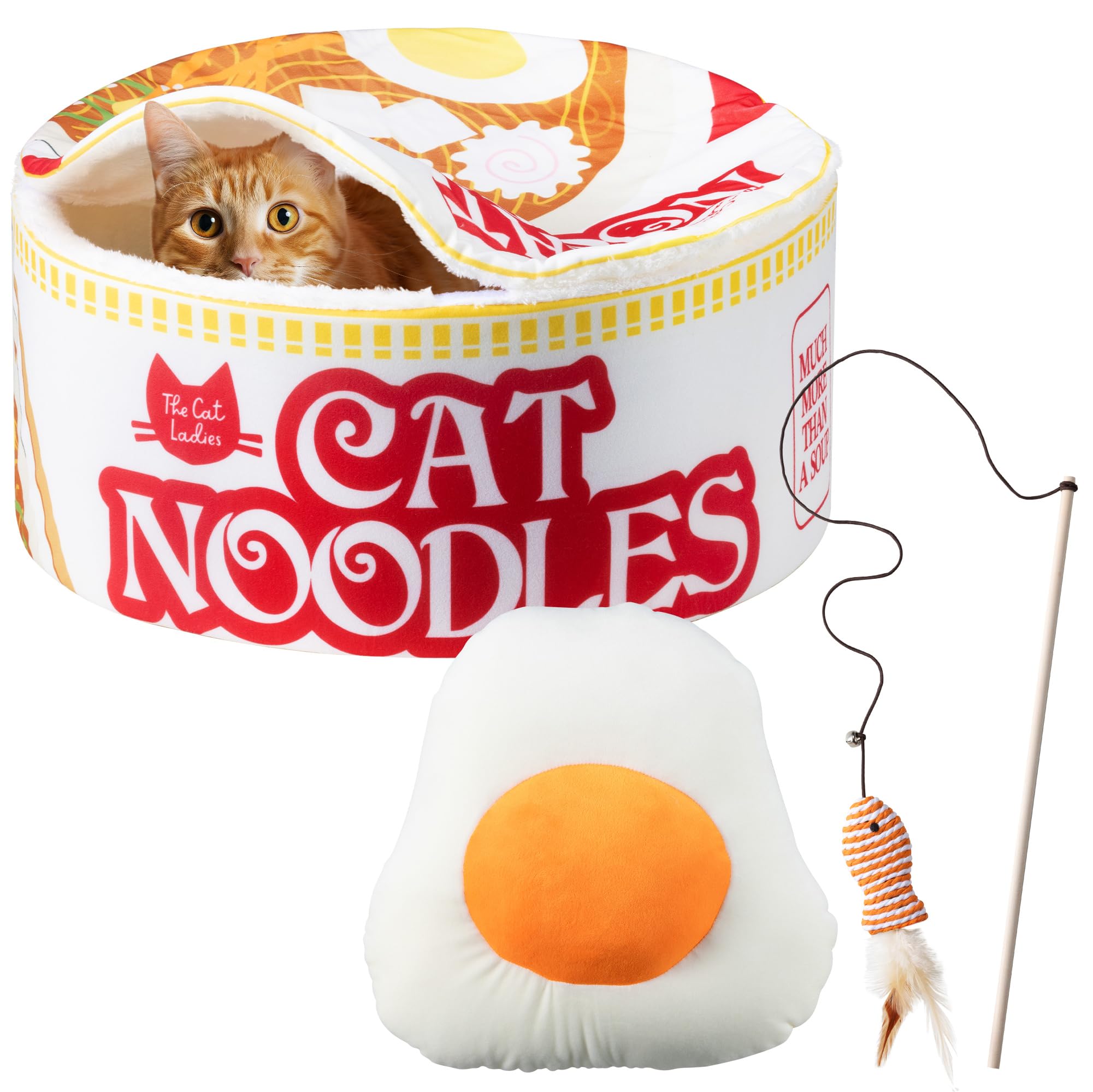 Cat Ladies Ramen Cat Bed - Cozy 5-Piece Soft Nest Set with Blanket Pillows and Teaser Toy - Compact Noodle Bowl-Themed Pet Beds & Furniture - Small Warm Indoor Cushion for Cats