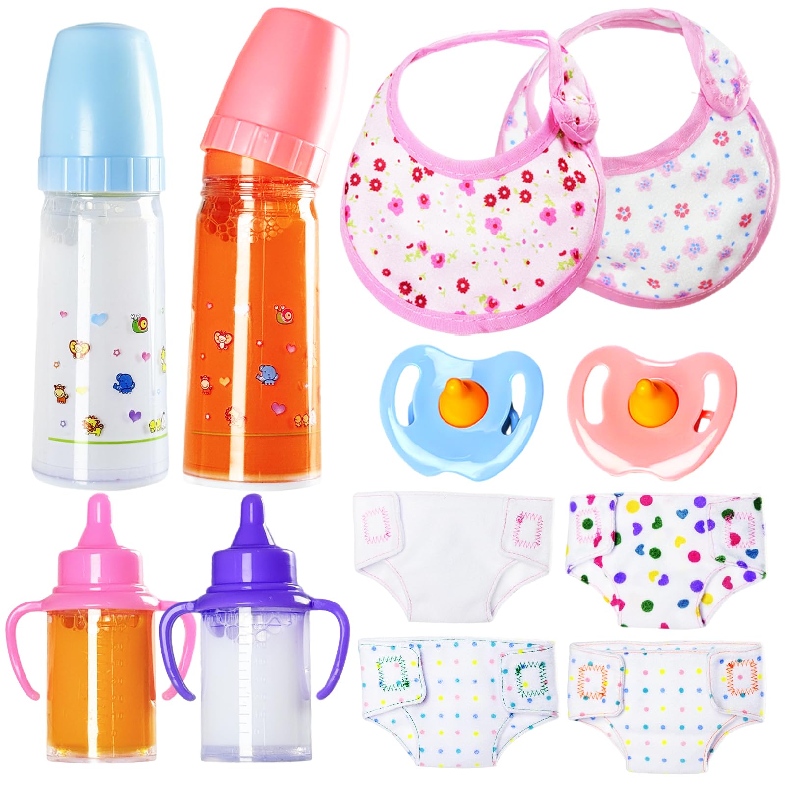 12PCS Baby Doll Accessories Set,Doll Pretend Play Feeding Toys,Baby Doll Feeding Include Disappearing Milk and Juice Bottles,Pacifier,Bibs,Diapers