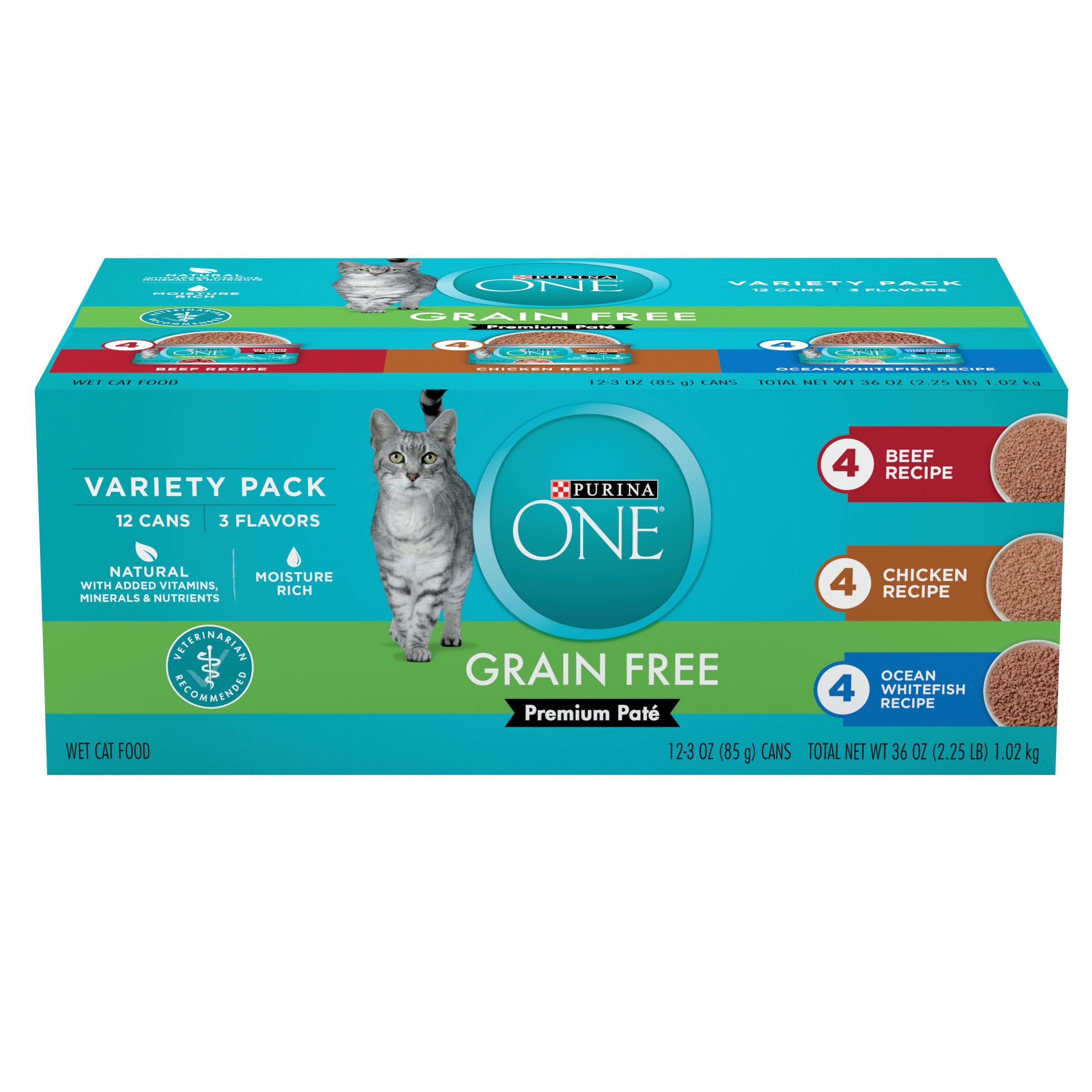 Purina ONE Grain Free, Natural Pate Wet Cat Food Variety Pack, Beef, Chicken and Ocean Whitefish Recipes - (2 Packs of 12) 3 oz. Pull-Top Cans