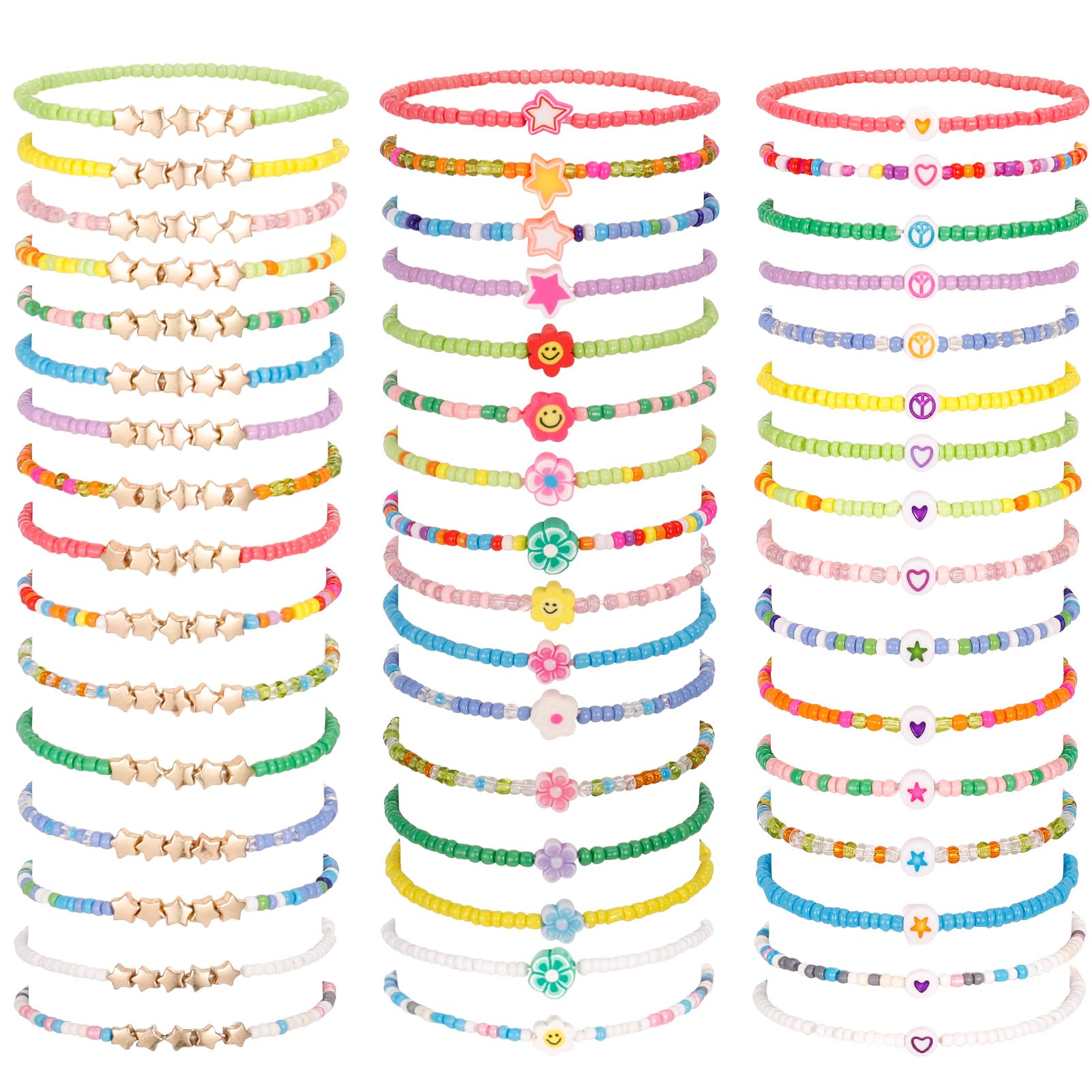 48 Pcs Kids Friendship Bracelet Set,Colorful Adjustable Beaded Bracelets,Cute Stretch Preppy Bracelets