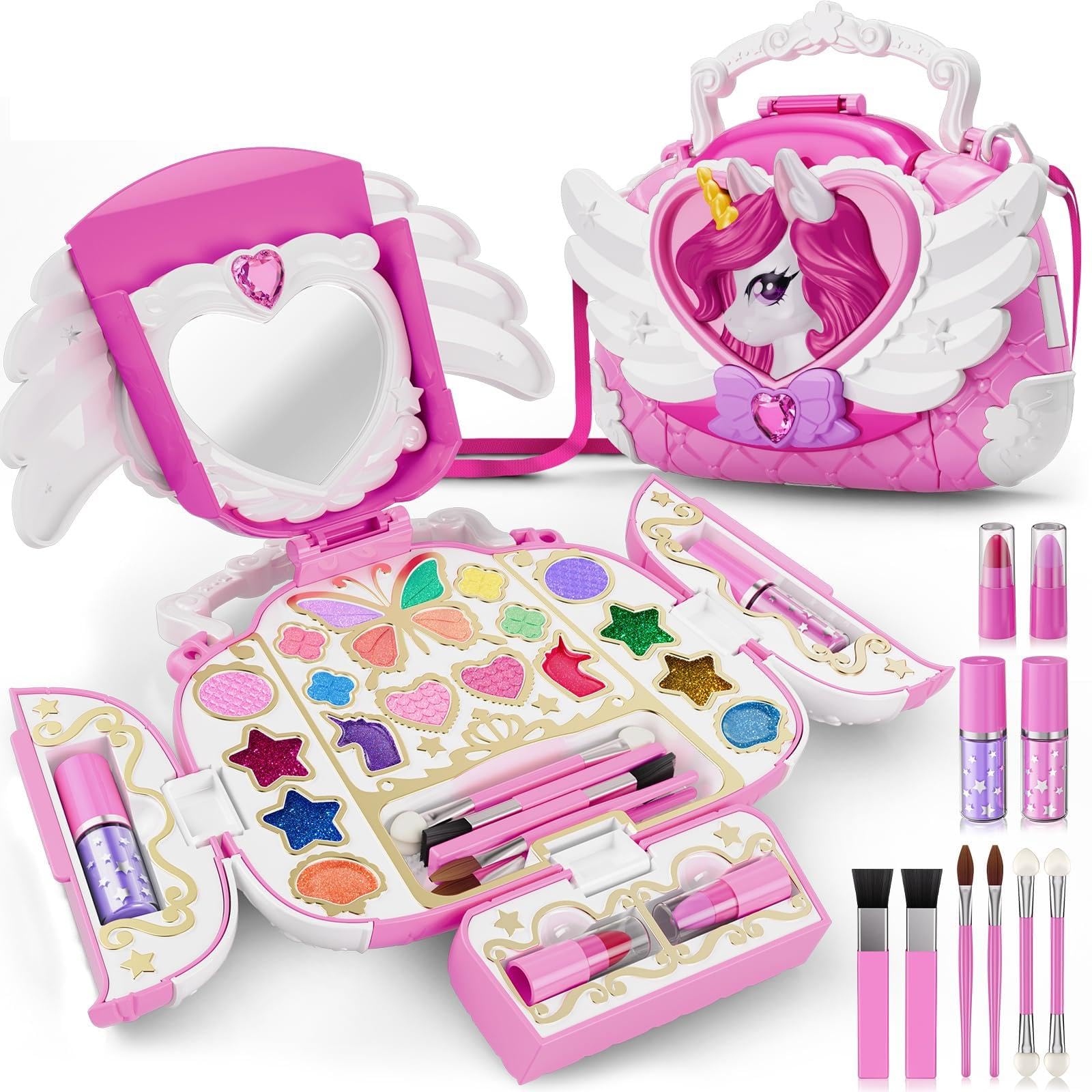 Unicorn Kids Makeup Kit with Mirror & Strap, Real Washable Cosmetic Set, All-in-1 Cute Unicorn Make Up Purse, Princess Toy Birthday Gifts for 3 4 5 6 7 8 9 10 11 12 Year Old Girls Age 3-4 4-6 6-8 8-10