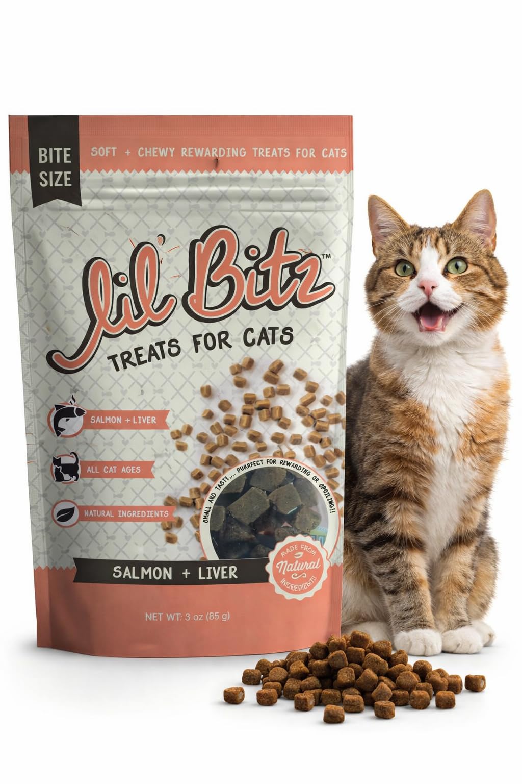 Lil' Bitz Soft & Chewy Cat Treats, Bite Size Rewarding Treats for Cats, Made with Natural Ingredients, Salmon & Liver Flavor, Perfect for Training & Bonding, 3 oz Bag