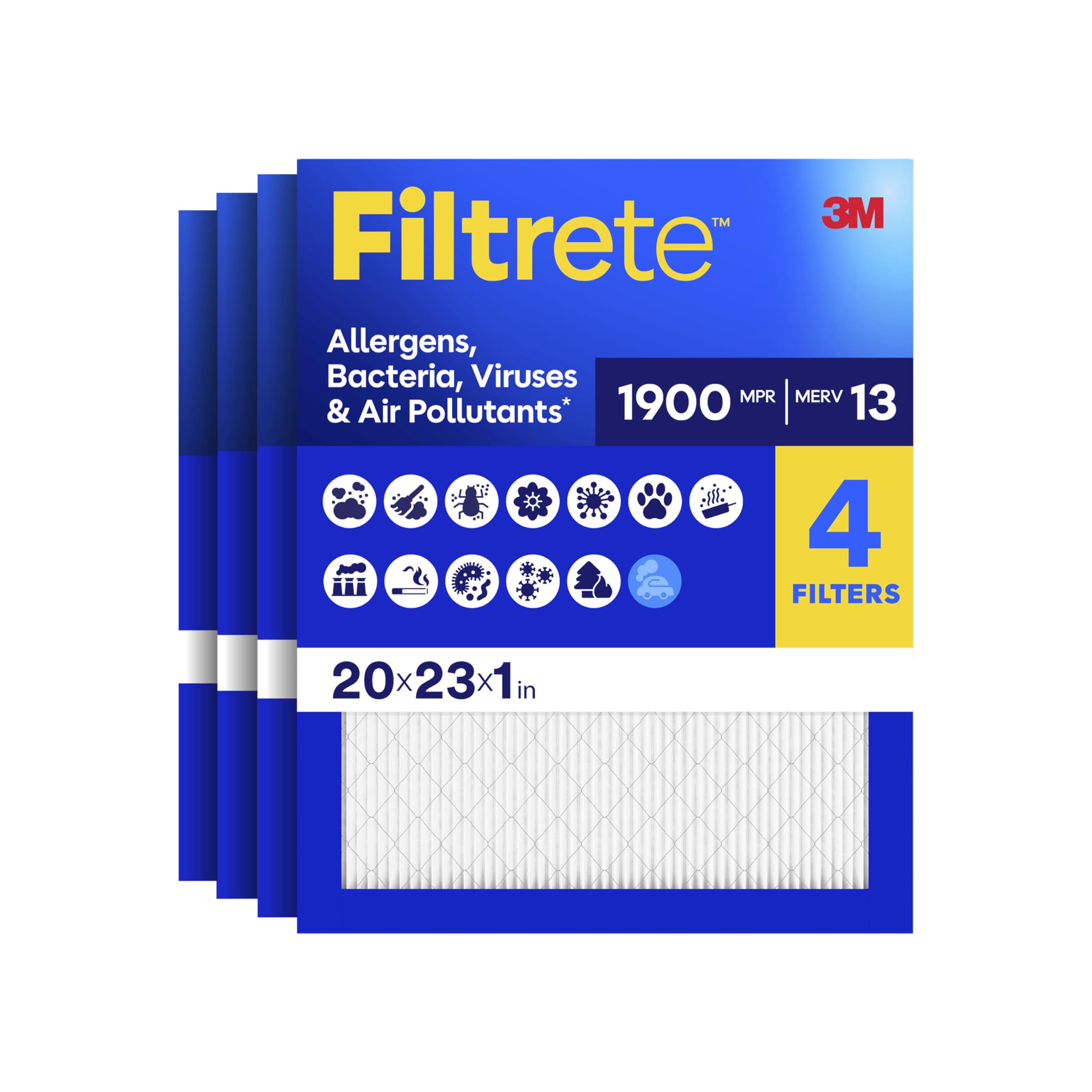 Filtrete 20x23x1 Air Filter, MERV 13 MPR 1900, Allergens, Bacteria, Viruses & Air Pollutants, 3-Month AC/Furnace Filters, Cleaner Air Reliable Airflow, 4 HVAC Filters(Act Size 19.68x22.68x0.78 in)