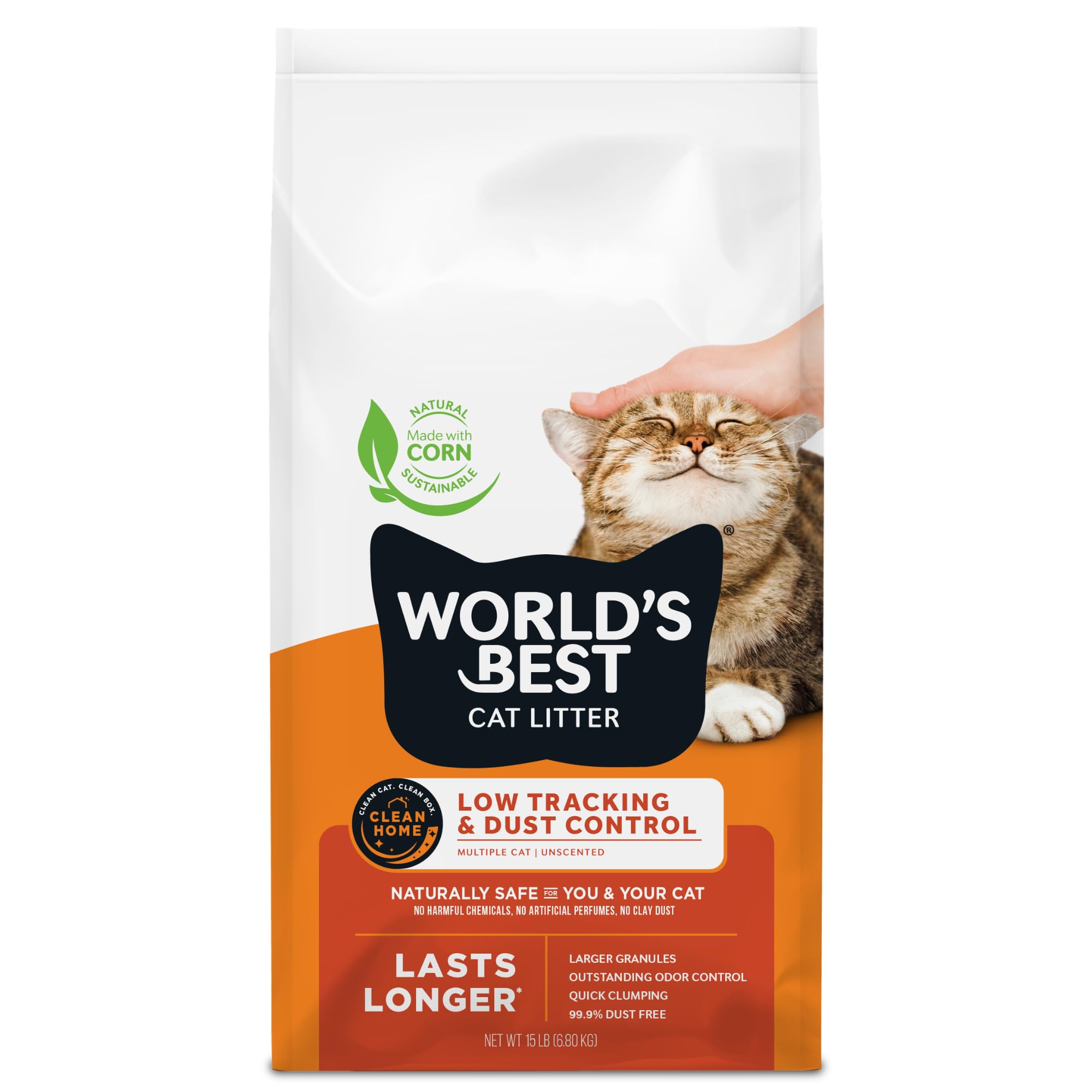 WORLD'S BEST CAT LITTER Low Tracking & Dust Control Multiple Cat Unscented 15-Pounds - Natural Ingredients, Quick Clumping, Flushable & Made in USA - Long-Lasting Odor Control & Easy Scooping