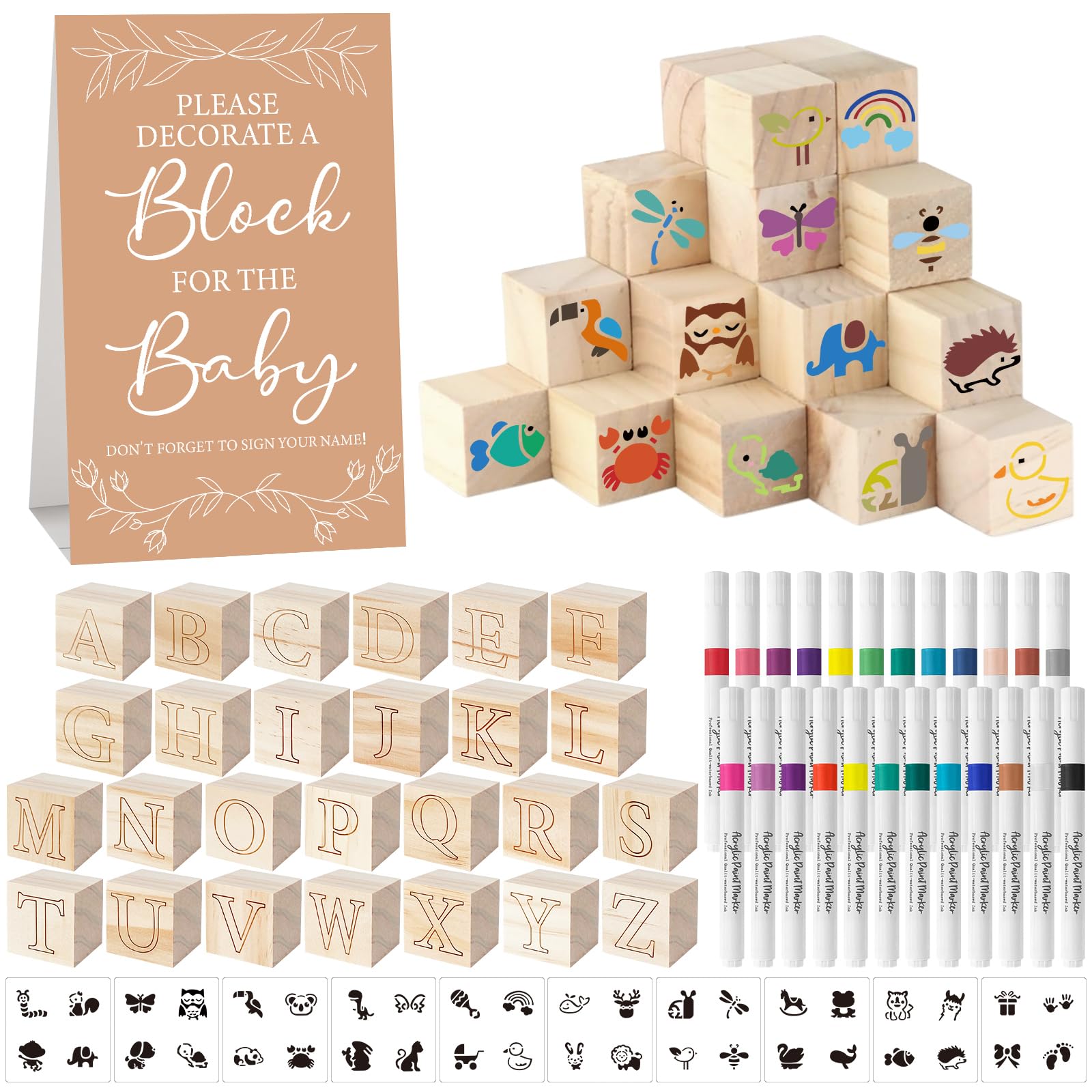 117 Pcs Baby Shower Blocks to Decorate Game Kit Includes 52 Wooden Blocks 24 Markers 1 Game Sign 40 Templates to Paint (Kraft)