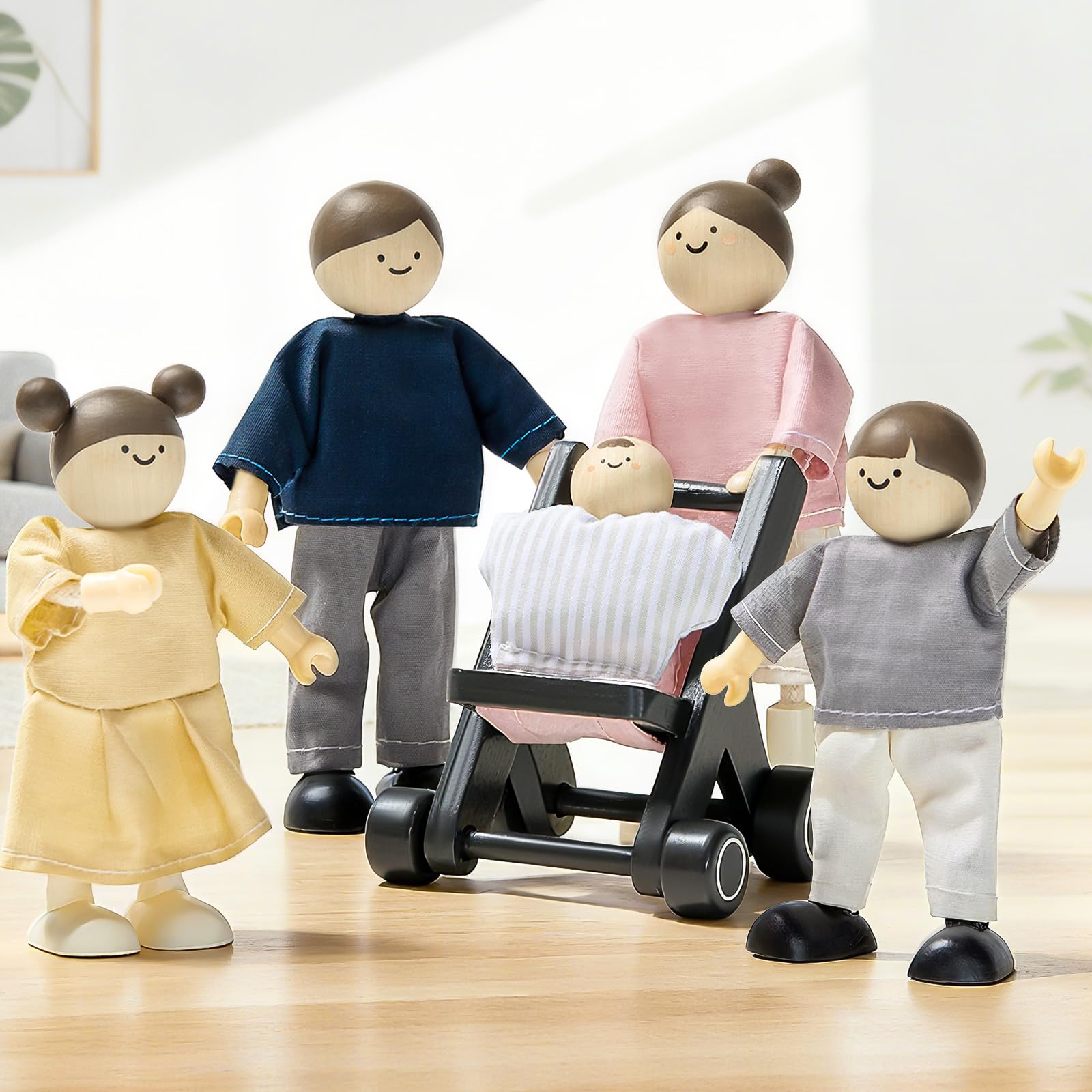 Tiny Land Wooden Dollhouse People Set, 5-Piece Poseable Wooden Doll Family with Dad, Mom, Brother, Sister, Baby and Stroller, Dollhouse Accessories Toy Pretend Play Gift for Kids Ages 3+