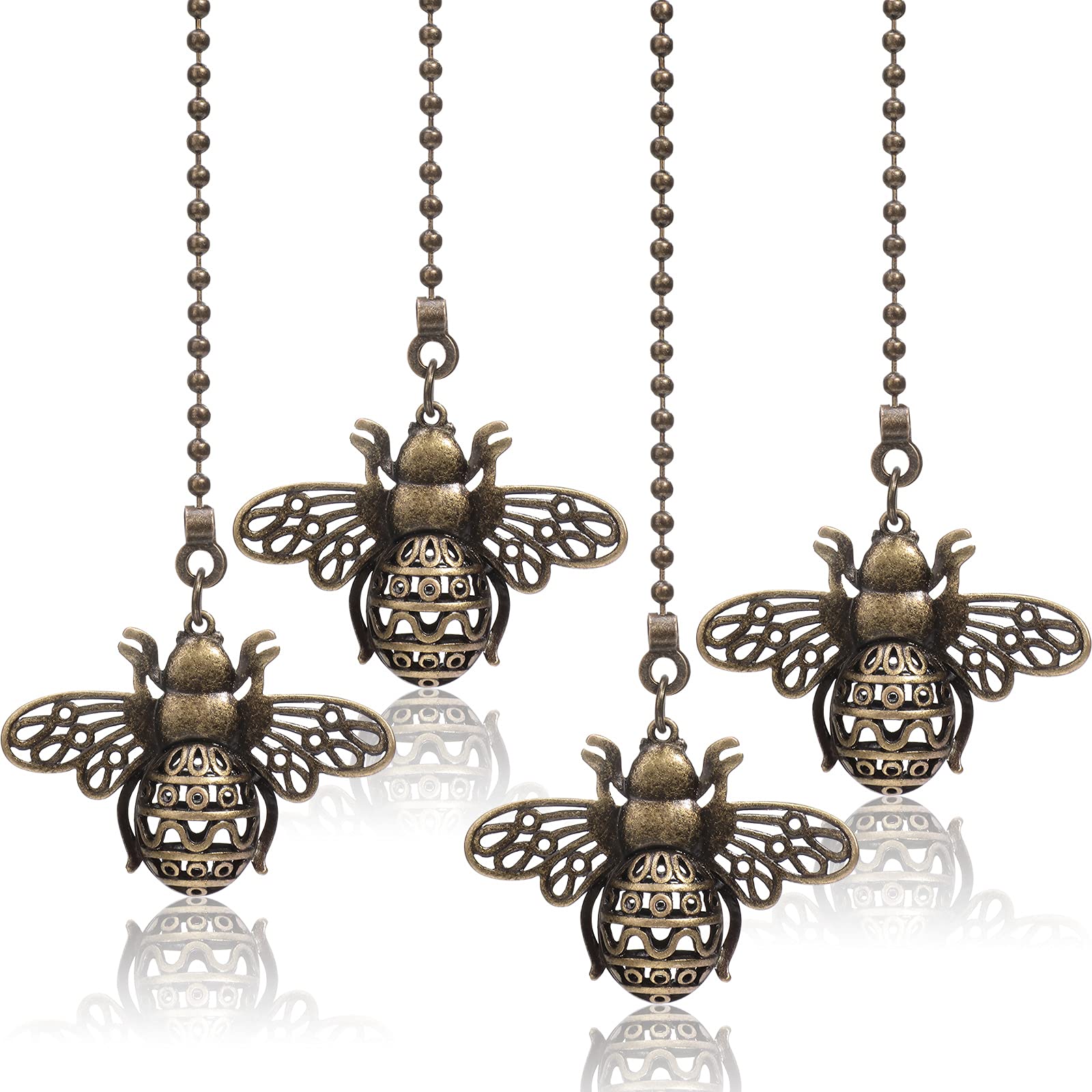 Riakrum 4 Pack 13'' Vintage Queen Bee Ceiling Fan Pull Chain Extender, Pull Chains for Ceiling Fans and Lights, Decorative Dangle Charm Pendants with Chain Connectors, Bronze(Queen Bee Style)