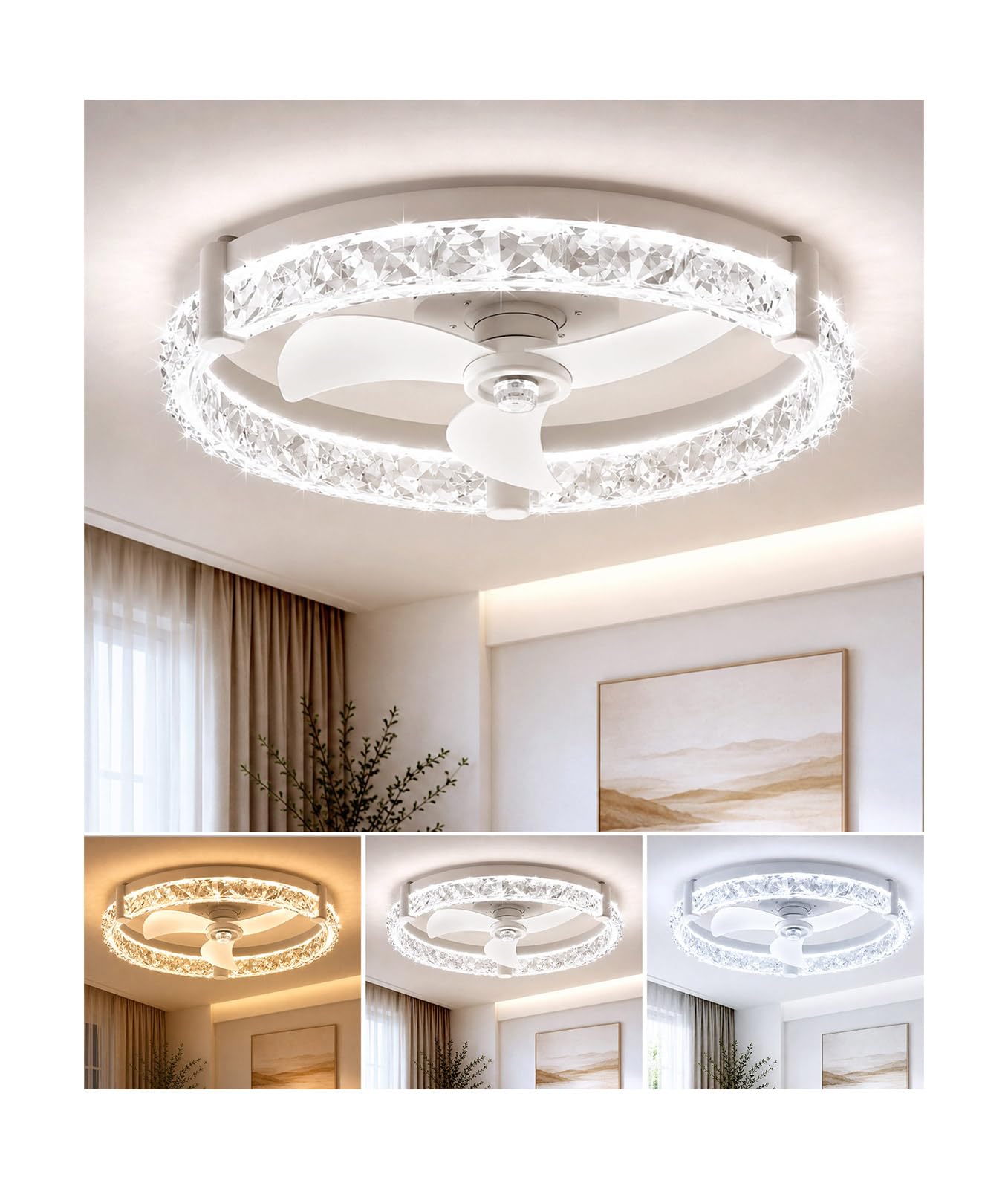 Ceiling Fans with Lights and Remote App 20'' Low Profile Ceiling Fan 3000-6500K Dimmable Modern Flush Mount Ceiling Fan Light LED 6 Speeds Fandelier Ceiling Fans for Bedroom Small Living Room