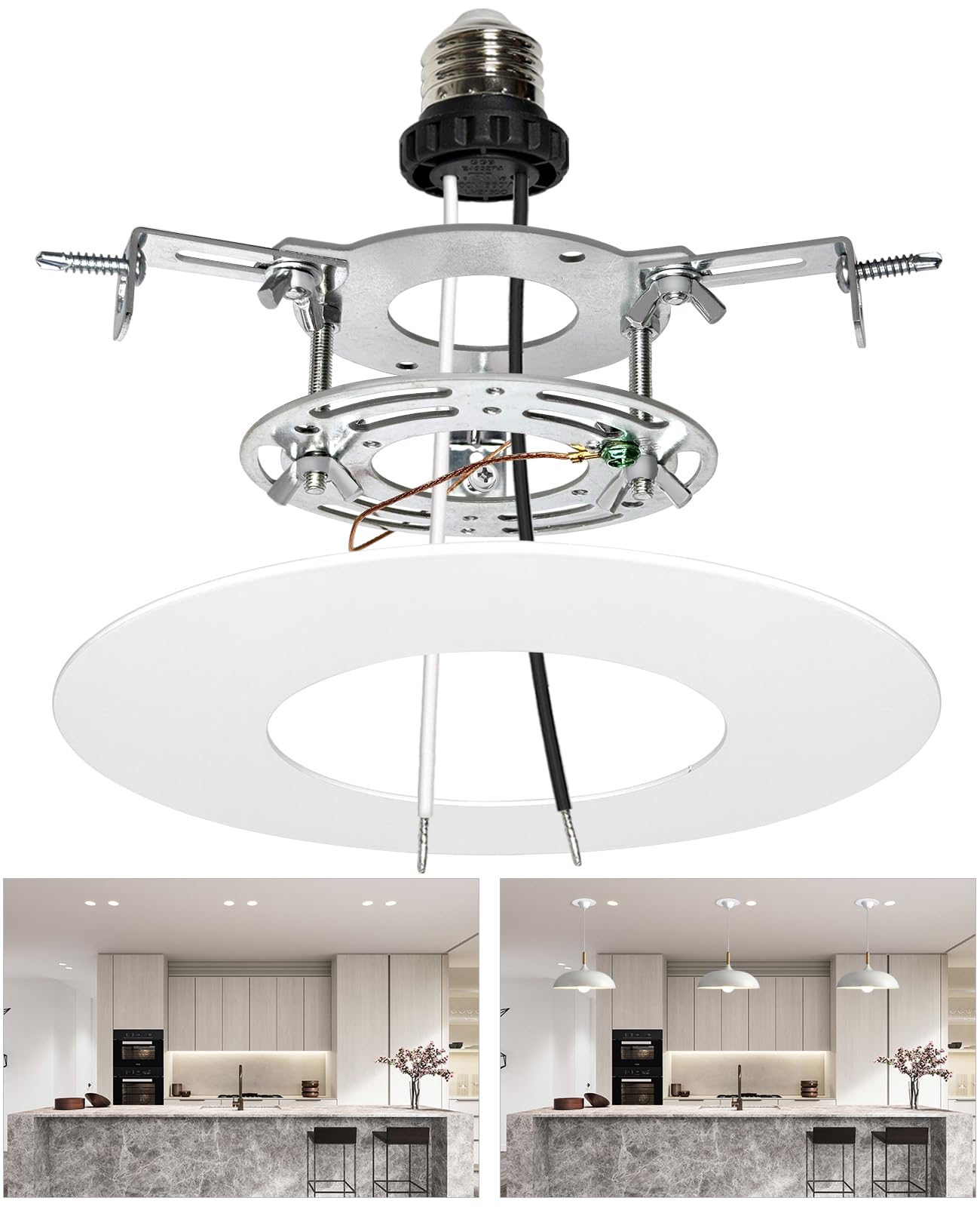 Recessed Can Light Conversion Kit for 5" and 6" Ceiling Light Fixtures Upgrade, Pendant/Hanging Light, Ceiling Fans Compatible, Includes 7¾" Flat Steel Medallion, White Finish (White)