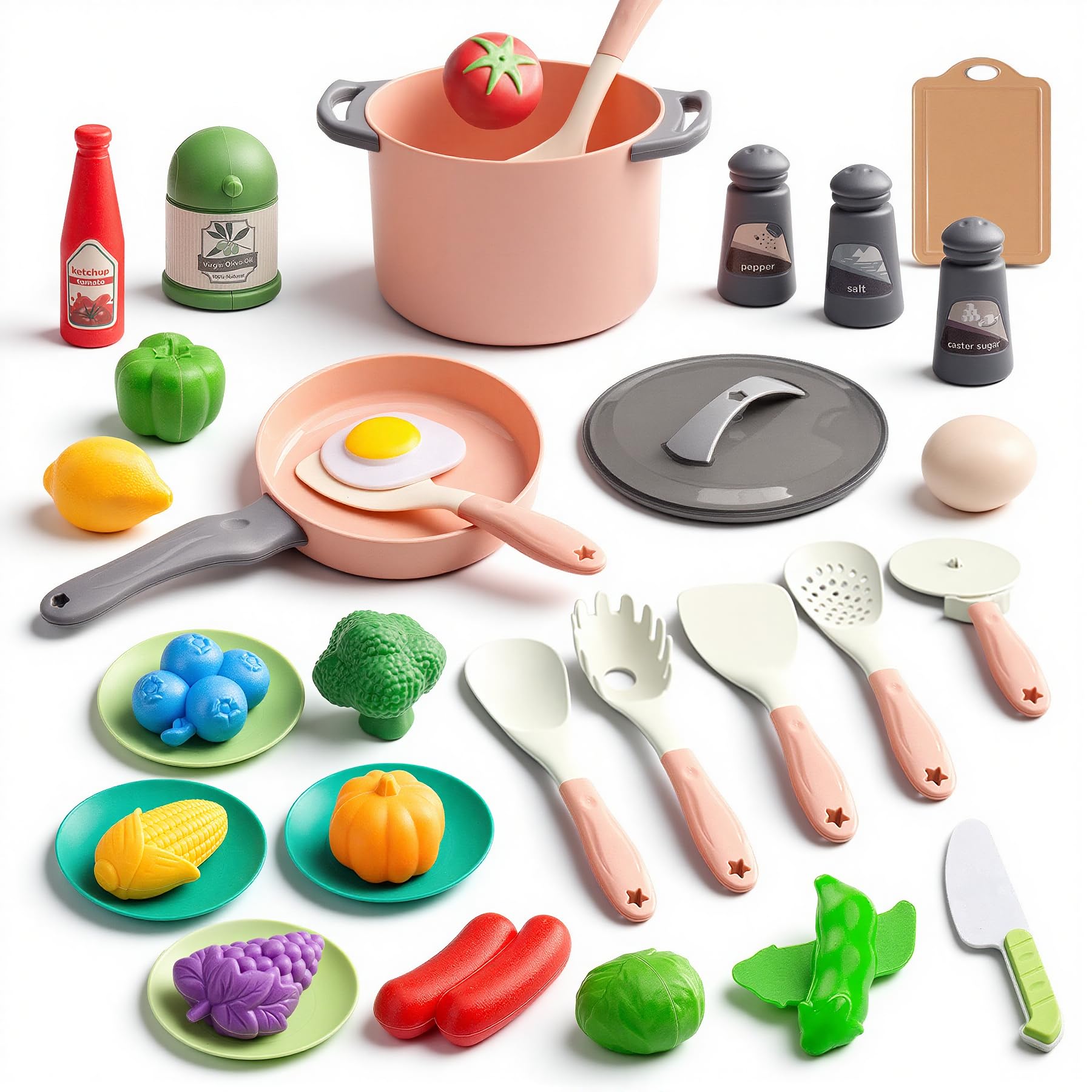 35Pcs Kids Kitchen Toy Accessories, Toddler Pretend Cooking Playset with Play Pots, Pans, Utensils, Cookware, Play Food Set, Toy Vegetables, Learning Gift for Girls & Boys (Pink)