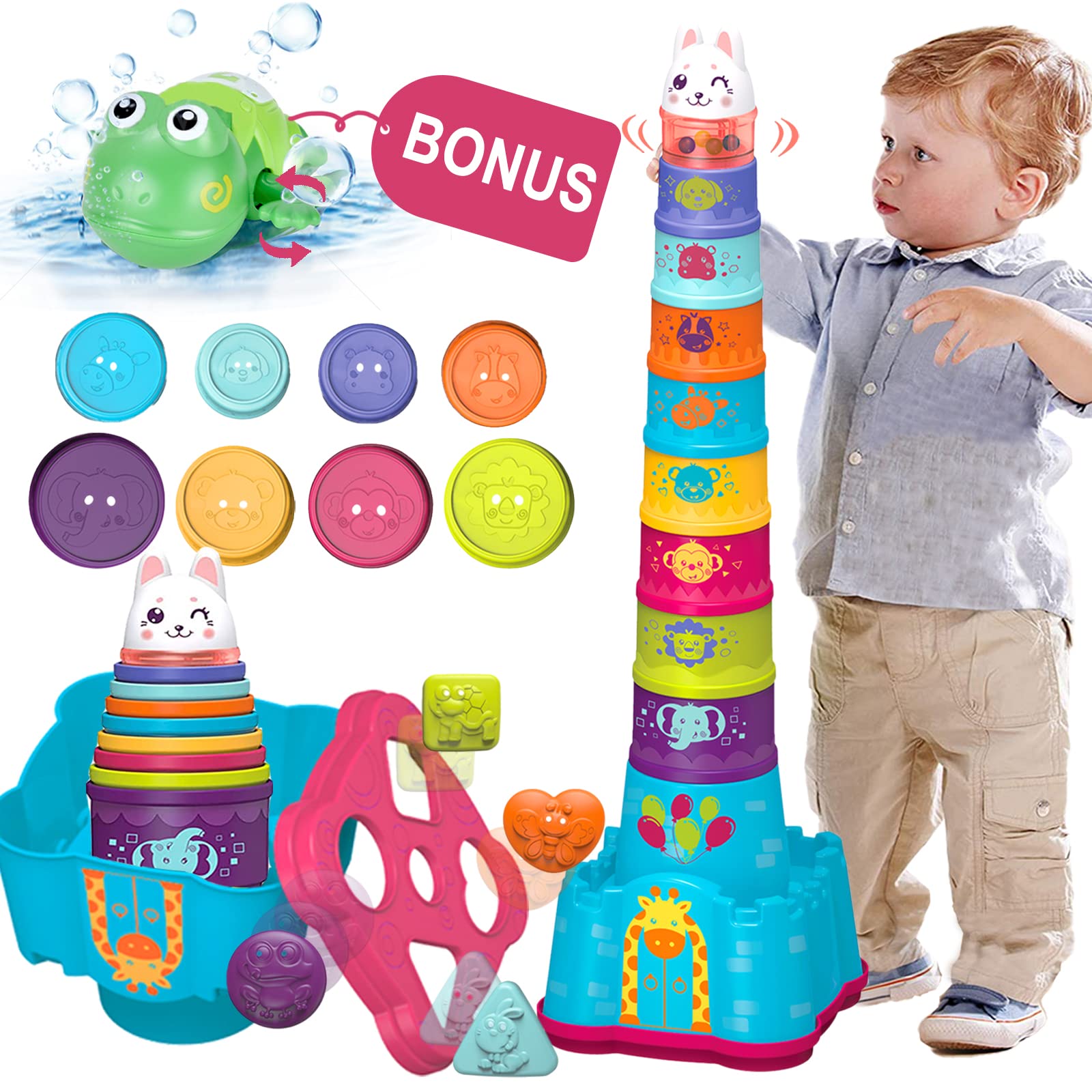 LTKFFFdp Baby Stacking Toys for Toddler 1-3, Nesting Cup Shape Sorter for Infant 6 to 12-18 Month, Learning Stackable Block, Birthday Gift for Girl Boy 9 Month