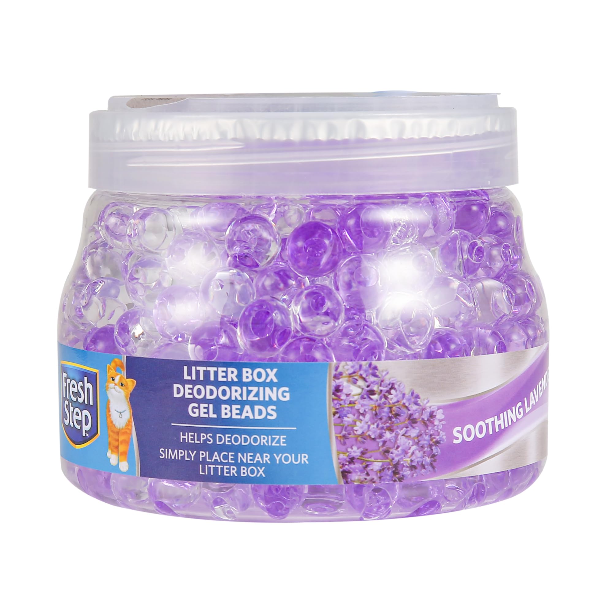 Fresh Step Litter Box Deodorizing Gel Beads, Soothing Lavender Scent, Neutralizes Pet Odors Around the Litter Box, Vented Lid for Continuous Fragrance Release, 12 Oz