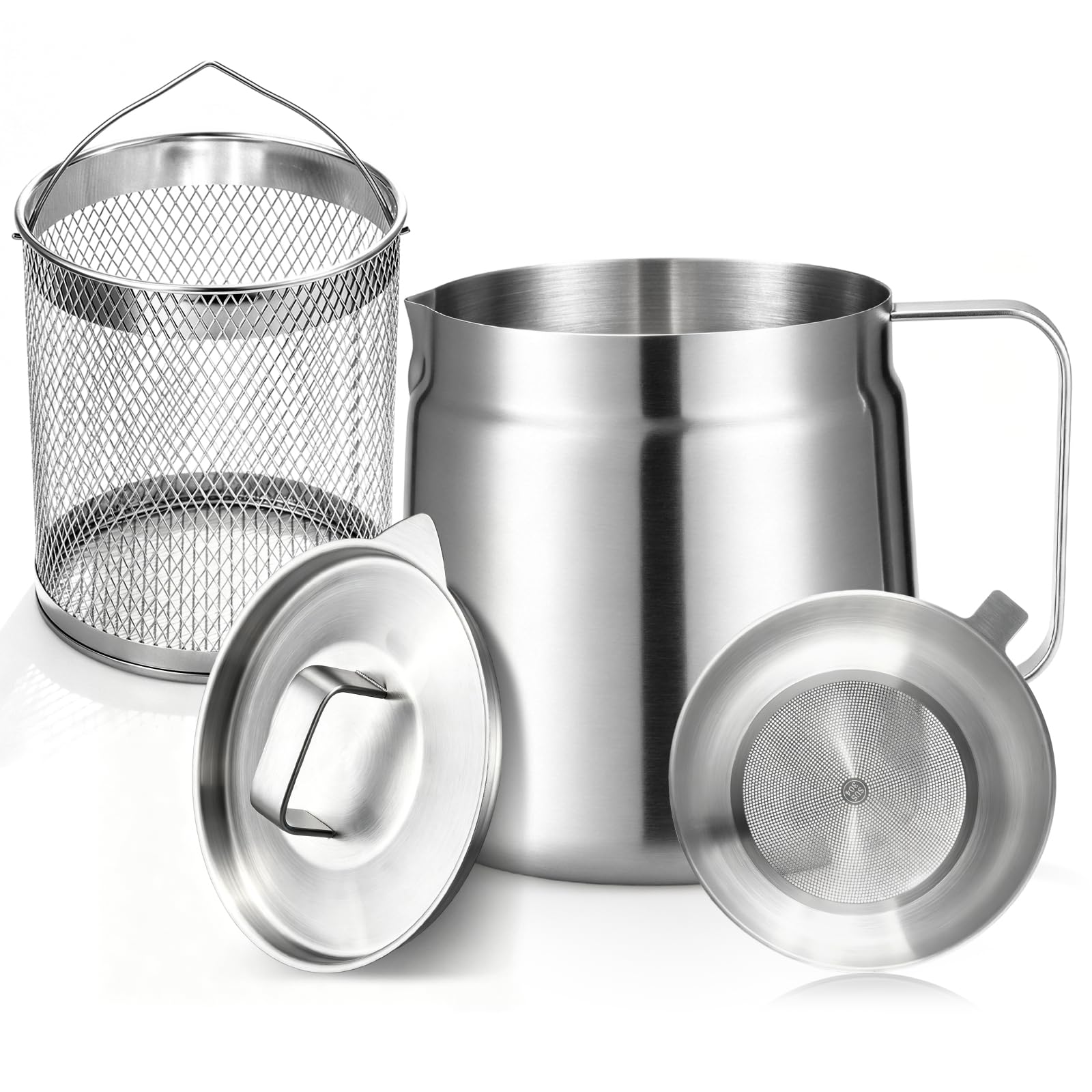 68oz Mini Deep Fryer Pot, Premium 304 Stainless Steel with Frying Basket & Strainer, Multi-Use Bacon Grease Container, Lightweight Portable for Kitchen, Camping & RV, Dishwasher Safe