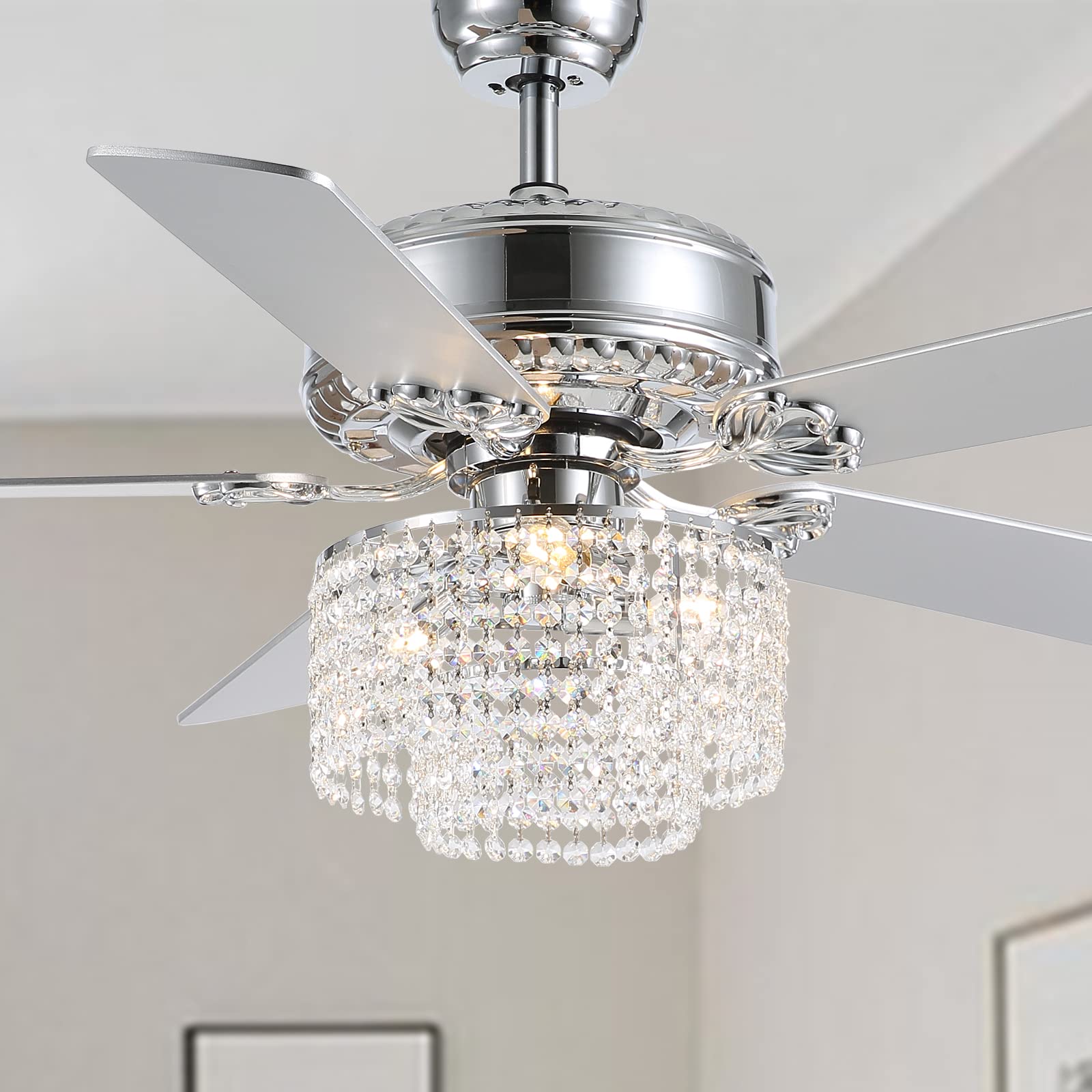 52 Inch Crystal Ceiling Fan with Light and Remote Control, Modern Chandelier Fan with 5 Reversible Wood Blades Chrome Fandelier for Living Room Bedroom (Fine line Crystal-Ceiling Fan)