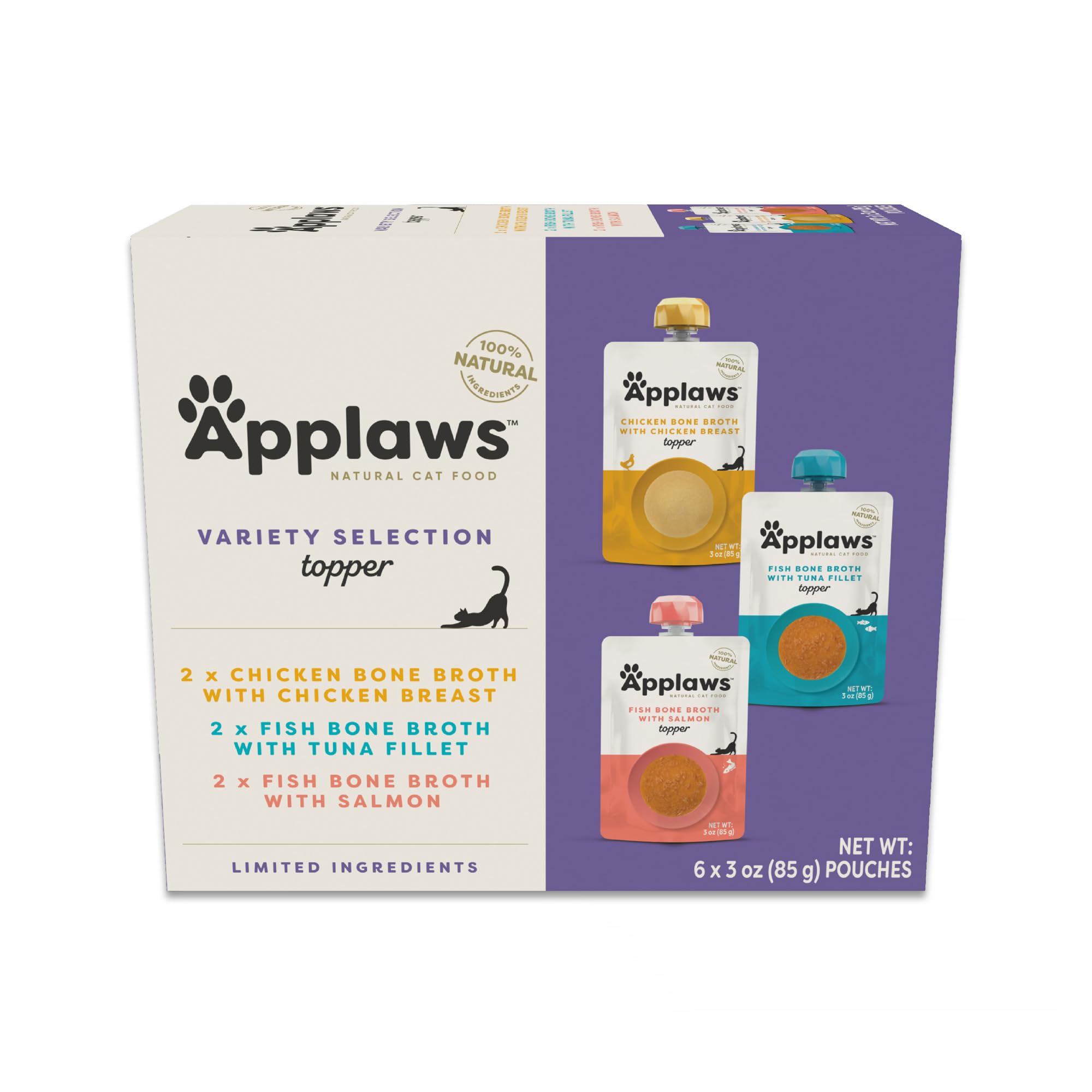 Applaws Natural Bone Broth Wet Cat Food Topper, Limited Ingredient Broth for Cats, Protein Wet Food Topper for Cats, Fish and Chicken Variety Pack(6 x 3oz Spout Pouches)