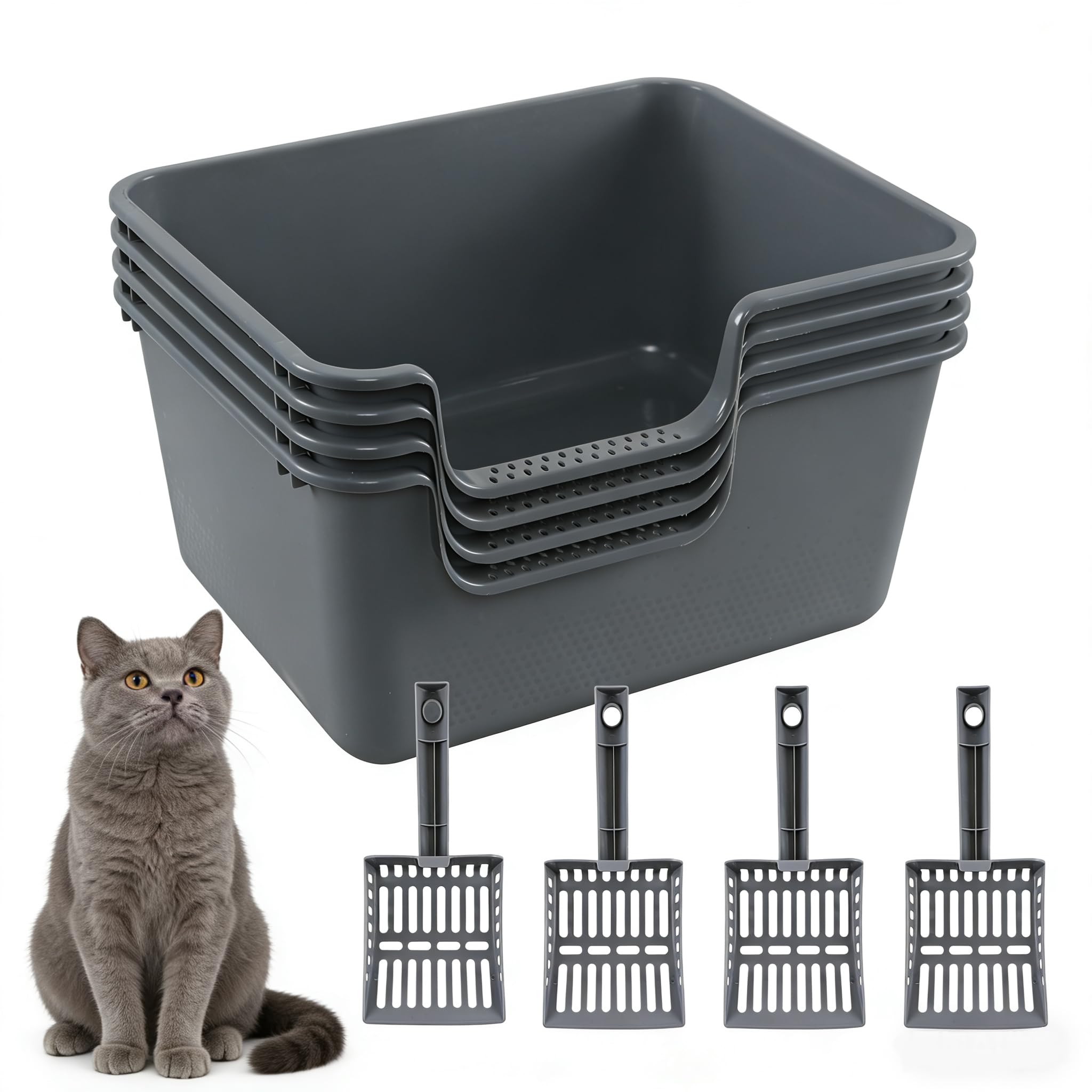 4 Packs Litter Boxes with High Sides, 19.6" Lx15.35 Wx8.6 H Multi Cat Litter Pan for Kitty, Litter Box for Big Cats, Anti-Splashing, Easy to Clean (Grey)