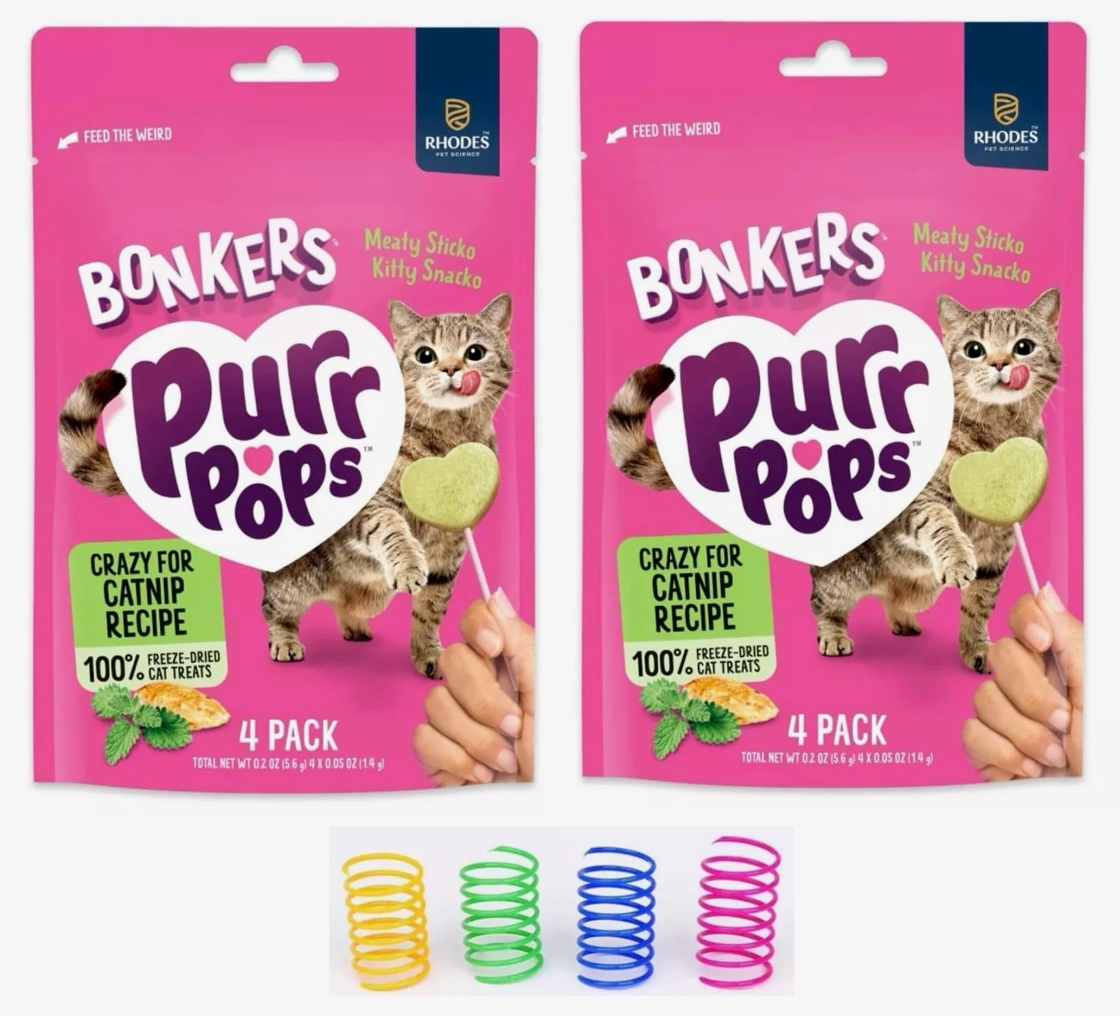 Bonkers Purrpops, Freeze Dried Crazy for Catnip Recipe Flavored Lollipop Cat Treats, for All Breeds and Ages 8 Pieces (2 Packs) with Cat Spring Toys