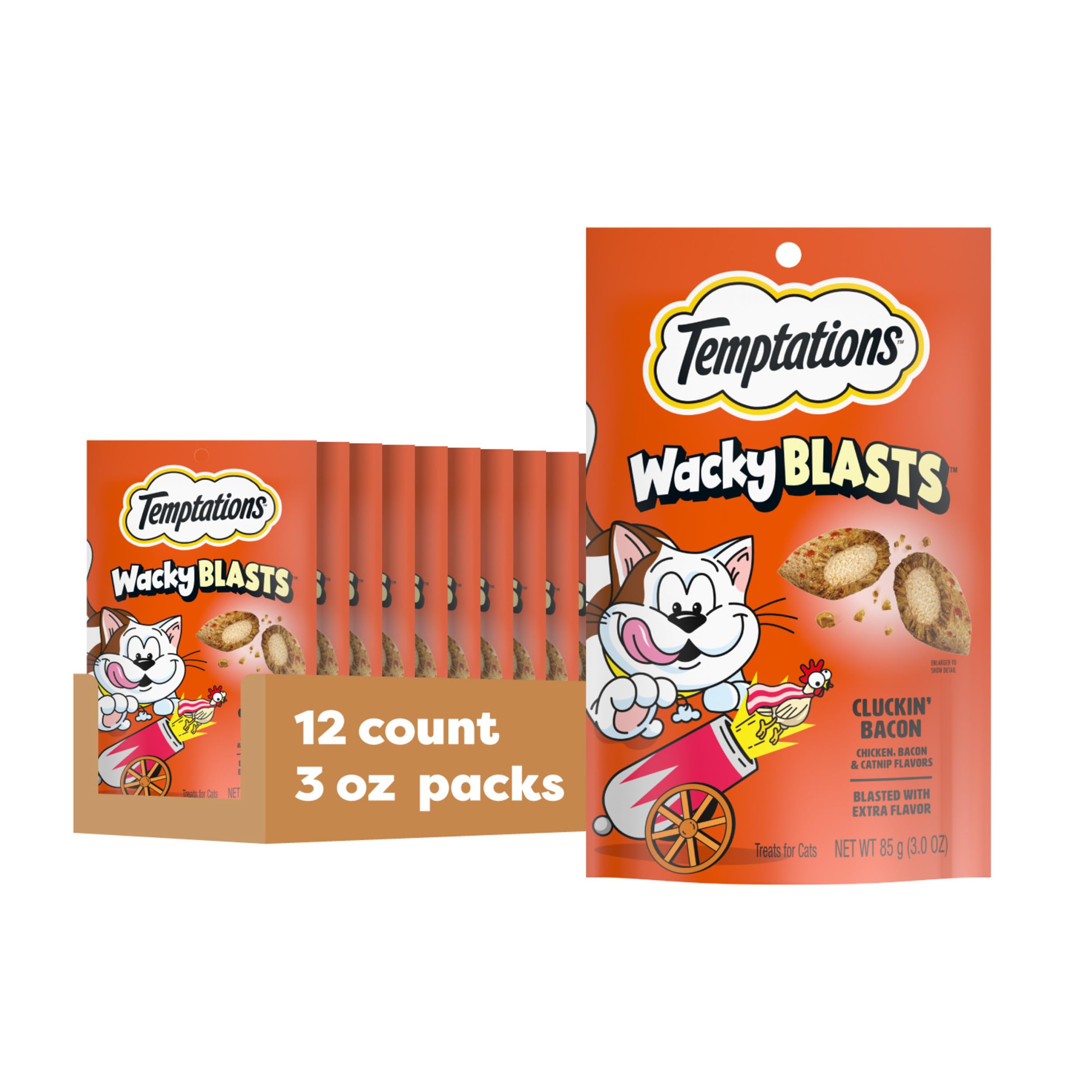 Temptations Cat Treats Wacky Blasts, Cluckin’ Bacon Flavor, 3 oz. Pouch (Pack of 12)
