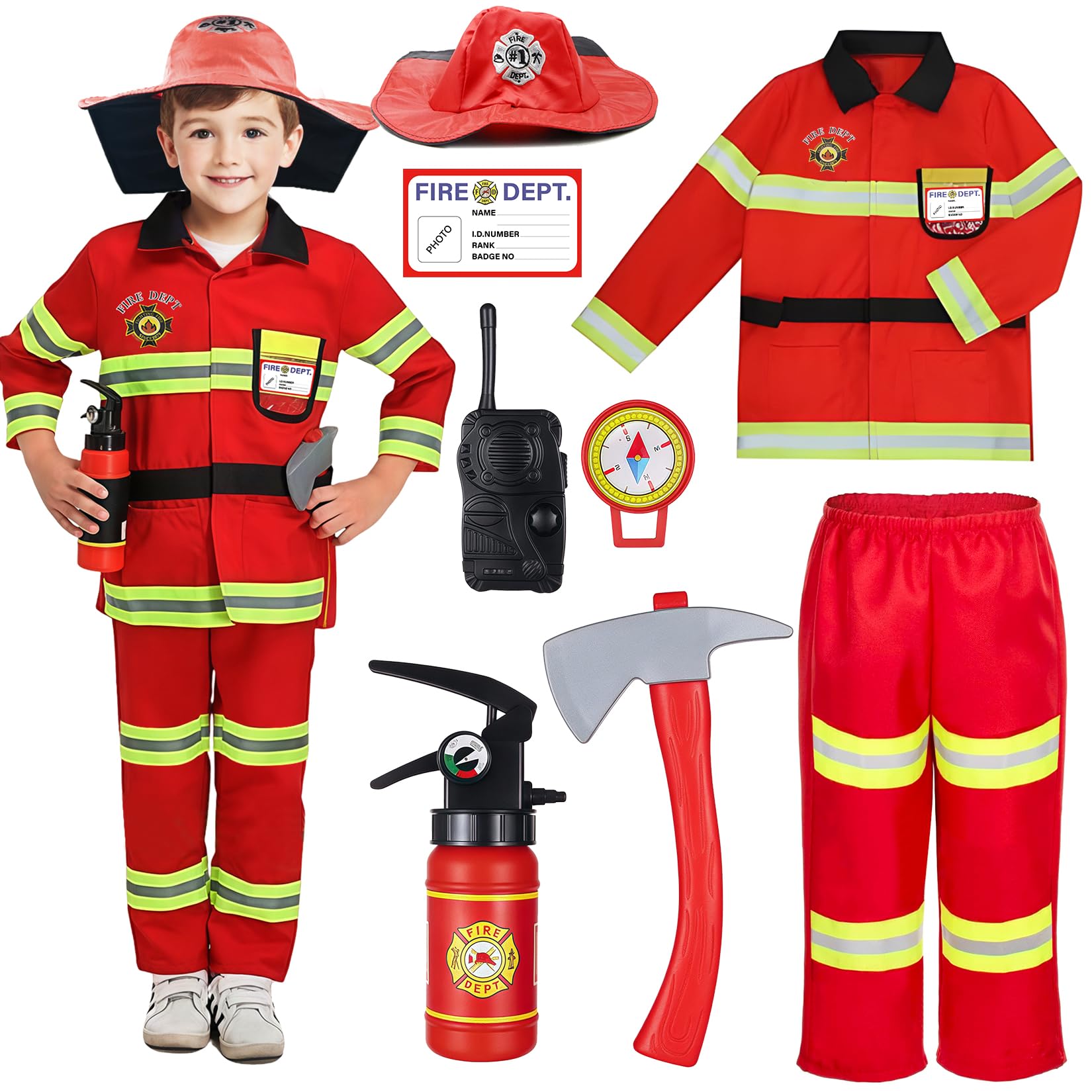 Firefighter Costume for Kids with Tool,Fireman Outfit Toys for Boys and Girls Birthday Halloween Party Dress Up 8PCS
