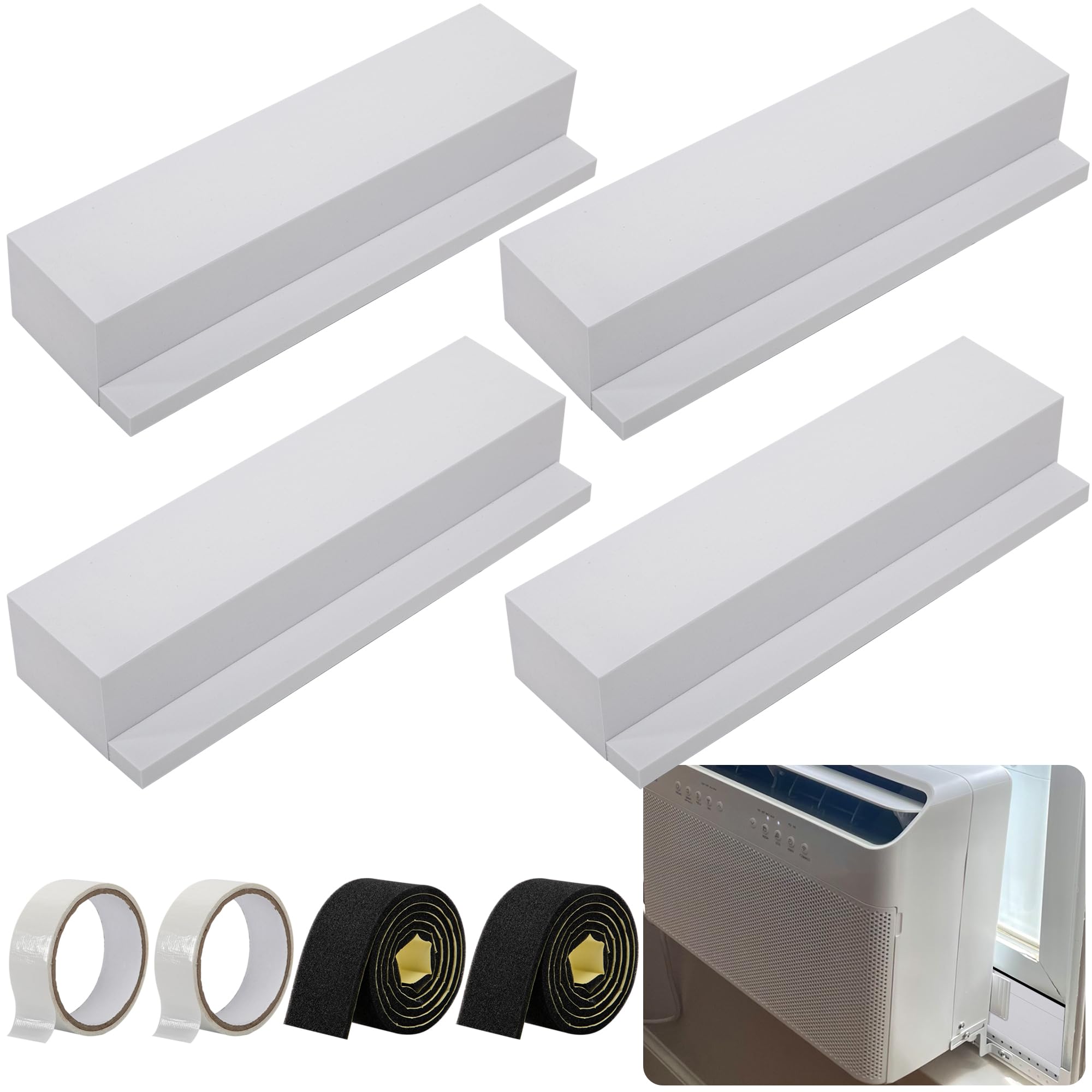 moonoom 4 Pack Air Conditioner Foam Block, Window AC Side Foam Block Kit with Foam Strip and Tape, Insulated Foam Panel for U-Shaped AC Units Prevent Air Leakage Summer Winter (White)