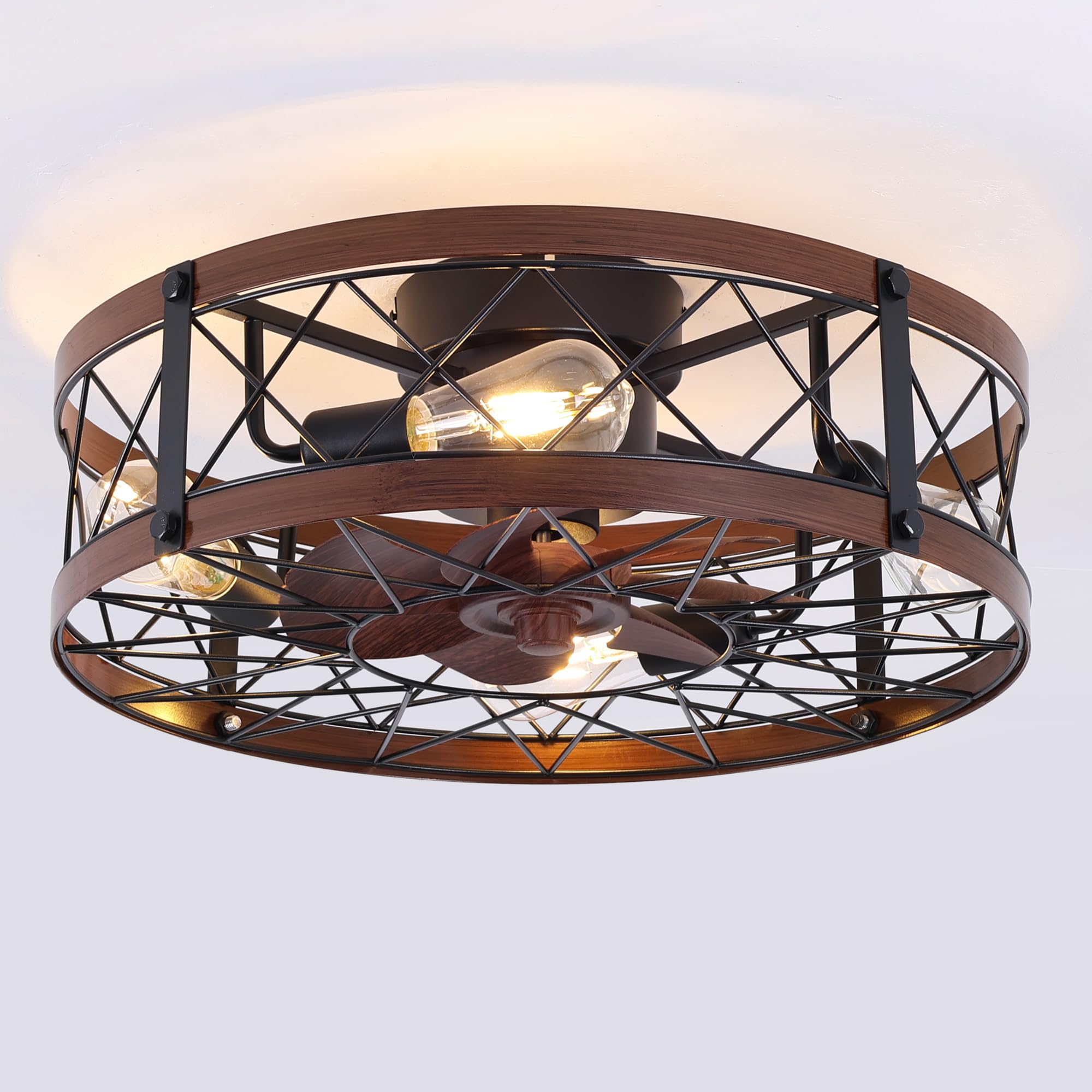 REDSTAR Flush Mount Caged Ceiling Fan with Lights, 20" Small Bladeless Ceiling Fans with Remote, Rustic Low Profile Ceiling Fans Quiet Reversible Enclosed Farmhouse Ceiling Fan for Bedroom Kitchen