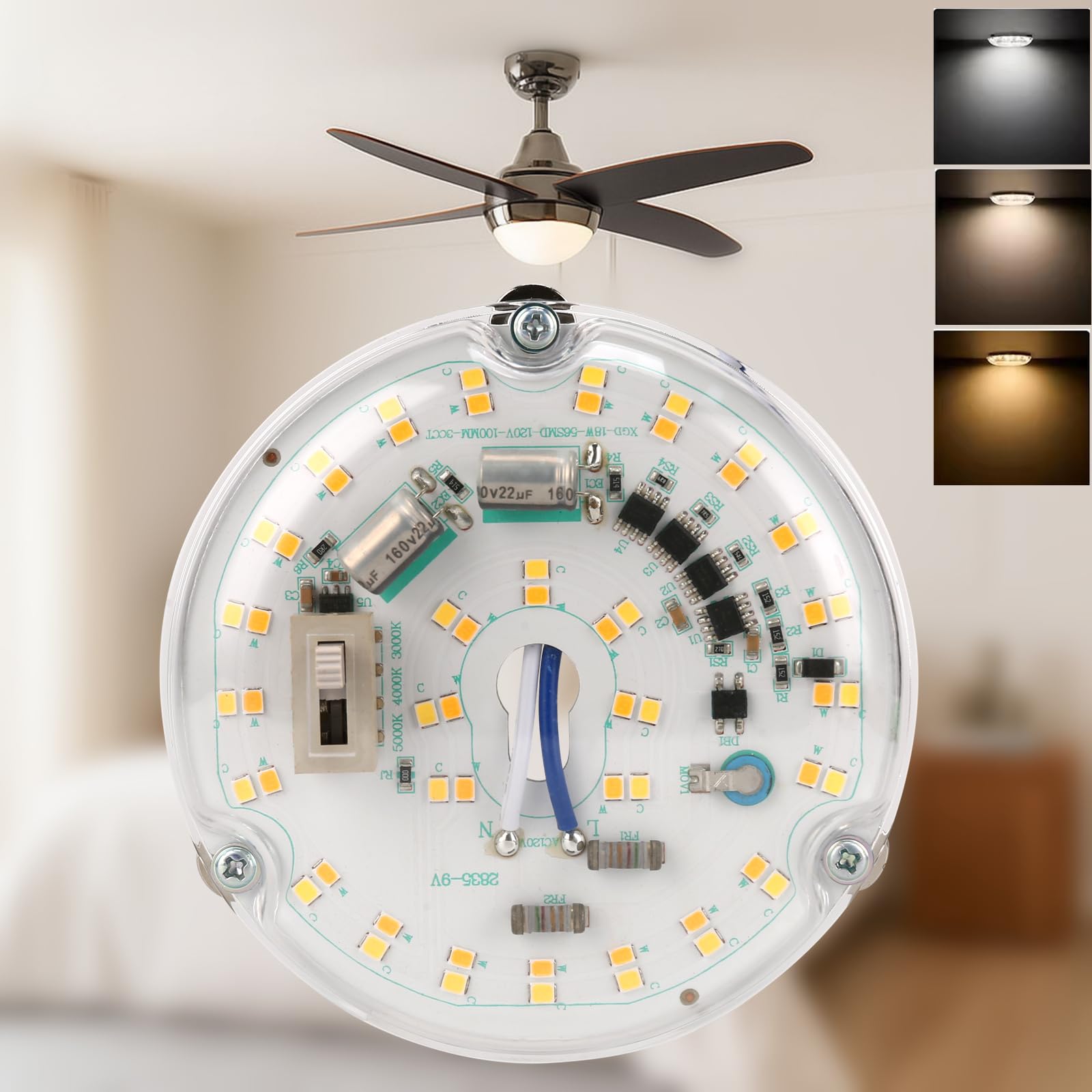 SATZOL 4“ 18W Color Changeable Ceiling Fan LED Light Replacement, 3000K/4000K/5000K Selectable Ceiling Fan LED Light Kit, 2200LM Dimmable LED Retrofit Kit for Ceiling Fans, ETL Listed
