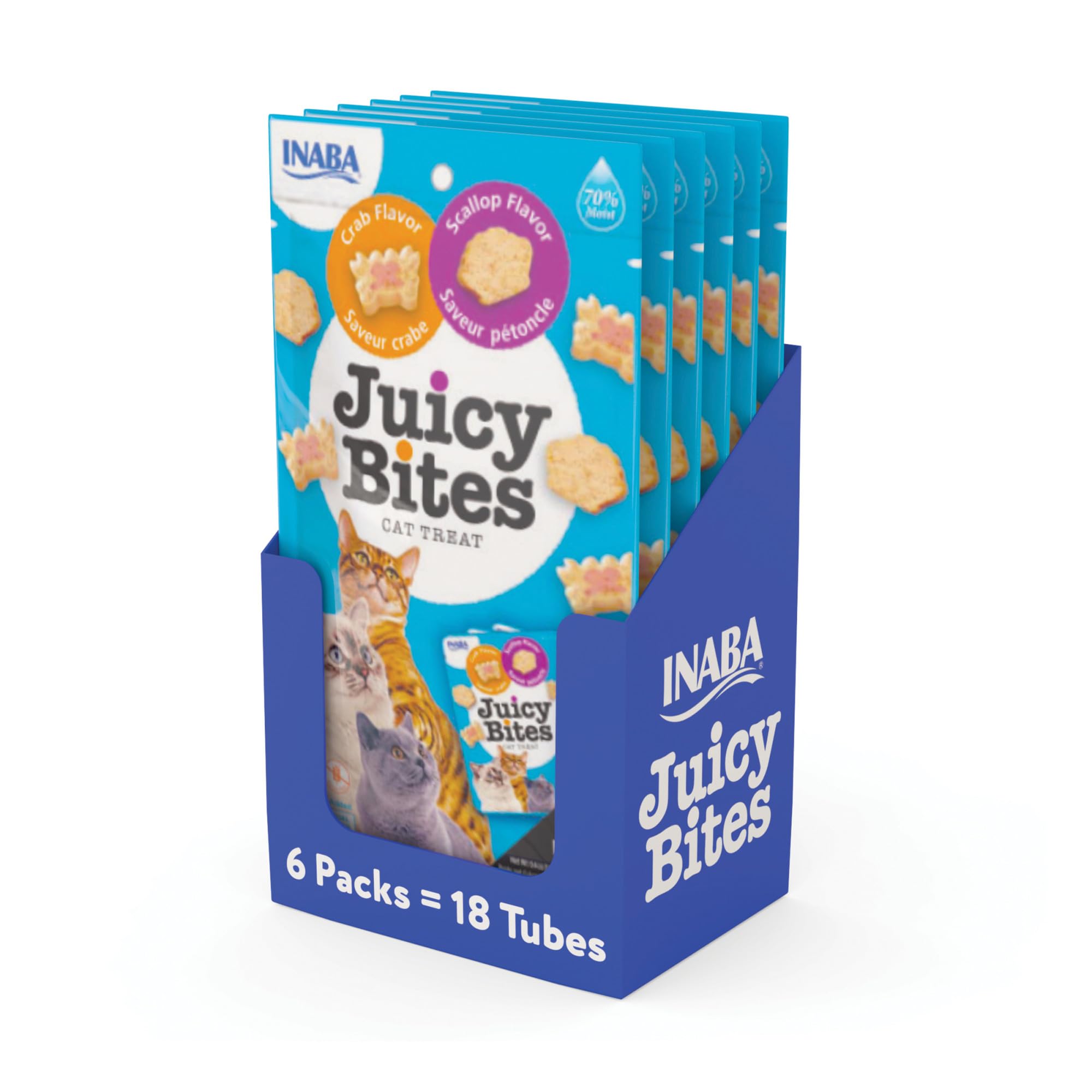 INABA Juicy Bites, Moist & Chewy Cat Treats with Vitamin E and Green Tea Extract, 0.4 Ounces per Pouch, 18 Pouches (3 per Bag), Scallop and Crab