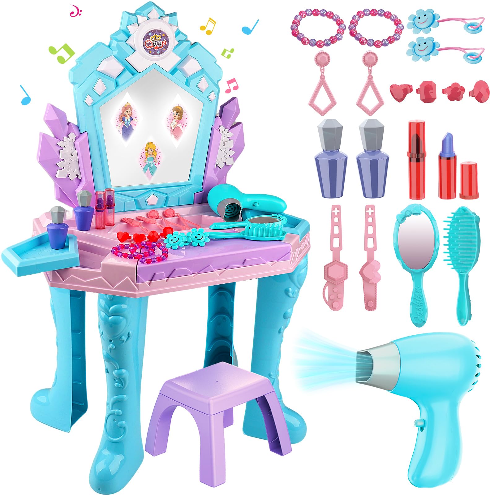 Toddler Frozen Vanity Table and Chair, Girls Magic Makeup Set with Mirror and Lights & Music, Kids Pretend Play Toys for 2 3 4 5 Year Old Girl Princess Dress Playset Birthday Gifts Ages 2-4 3-5