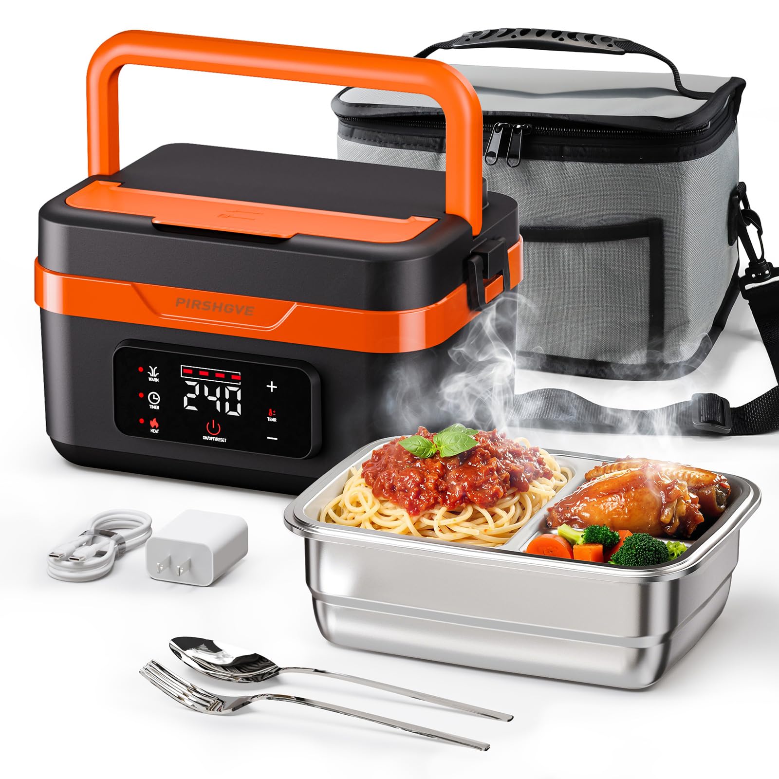 Electric Heated Lunch Box: Cordless 6.3-Cup Portable Food Warmer with 75W Fast Heating & Type-C, Leak Proof Stainless Steel Container for Truck Drivers, Office & Construction Workers, Black