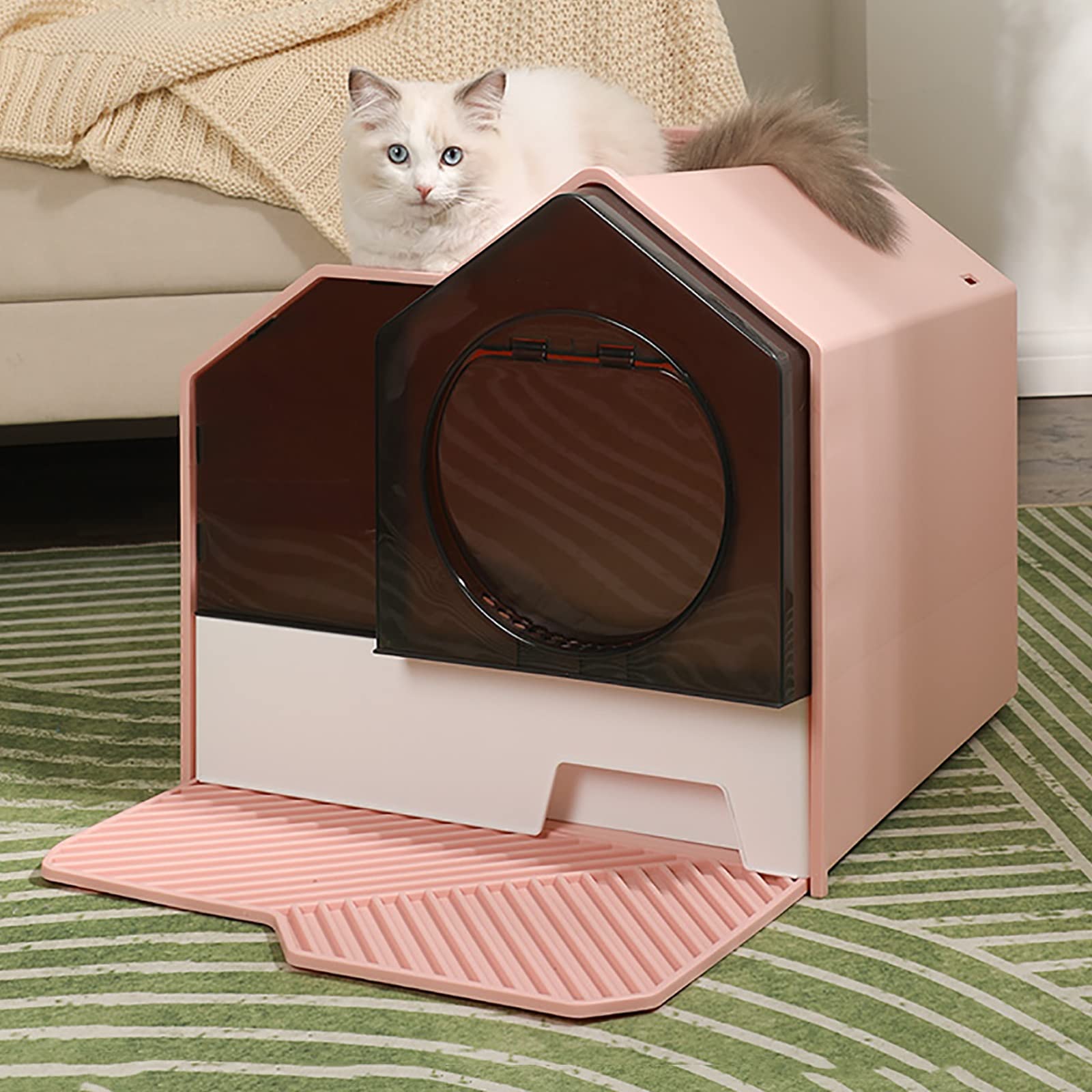 Cat Litter Tray Cats Litter Box with Front Entry/Exit XXL Extra Large Space Toilet Boxes with Drawer Type Cat Litter Tray and Pet Litter Shovel,Prevent Leakage (Color : Pink)