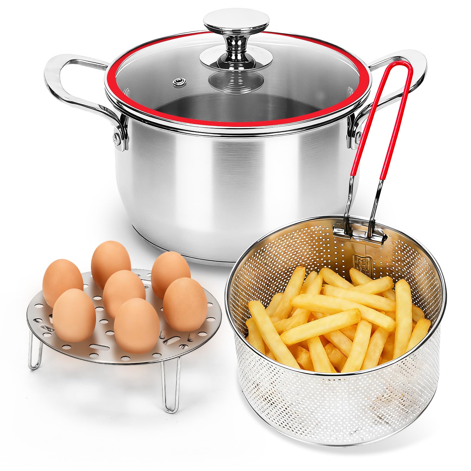 Deep Fryer Pot with Basket, Cooking Pot with Strainer Basket, 4.0L/4.2QT Multi-function Pot with Anti-scald Handle, Egg Steamer Rack & Lid, Stainless Steel Cookware for Home Kitchen Outdoor Camping