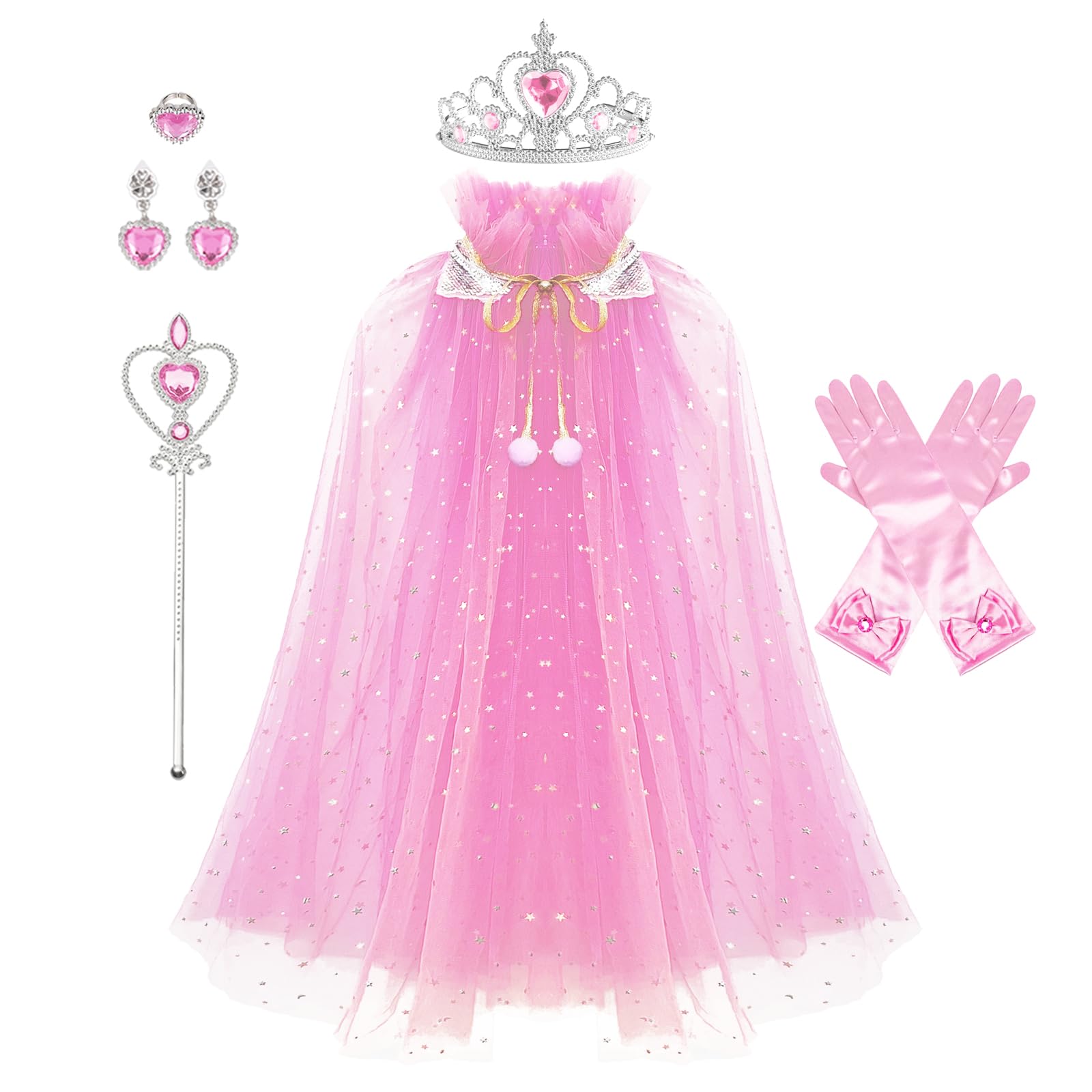 Princess Cape Set 8 Pieces Girls Princess Cloak, Kids Fairy Tulle Princess Dress Up Clothes Cape for Toddler Girls 3-8 Birthday Party Halloween Dressing Up with Crown Wand Accessories