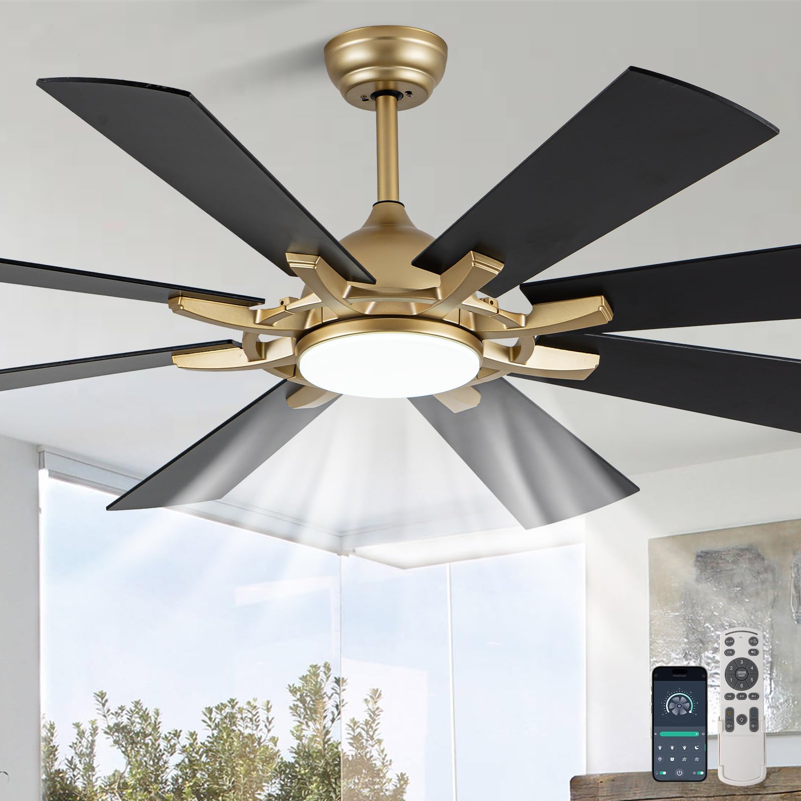 Bella Depot 60" Black and Gold Ceiling Fan with Light Large Ceiling Fan with Remote Dimmable LED Tri-Color Temperature 6-Speed Quiet DC Motor Chandelier Fan for Bedroom Living Room Patio
